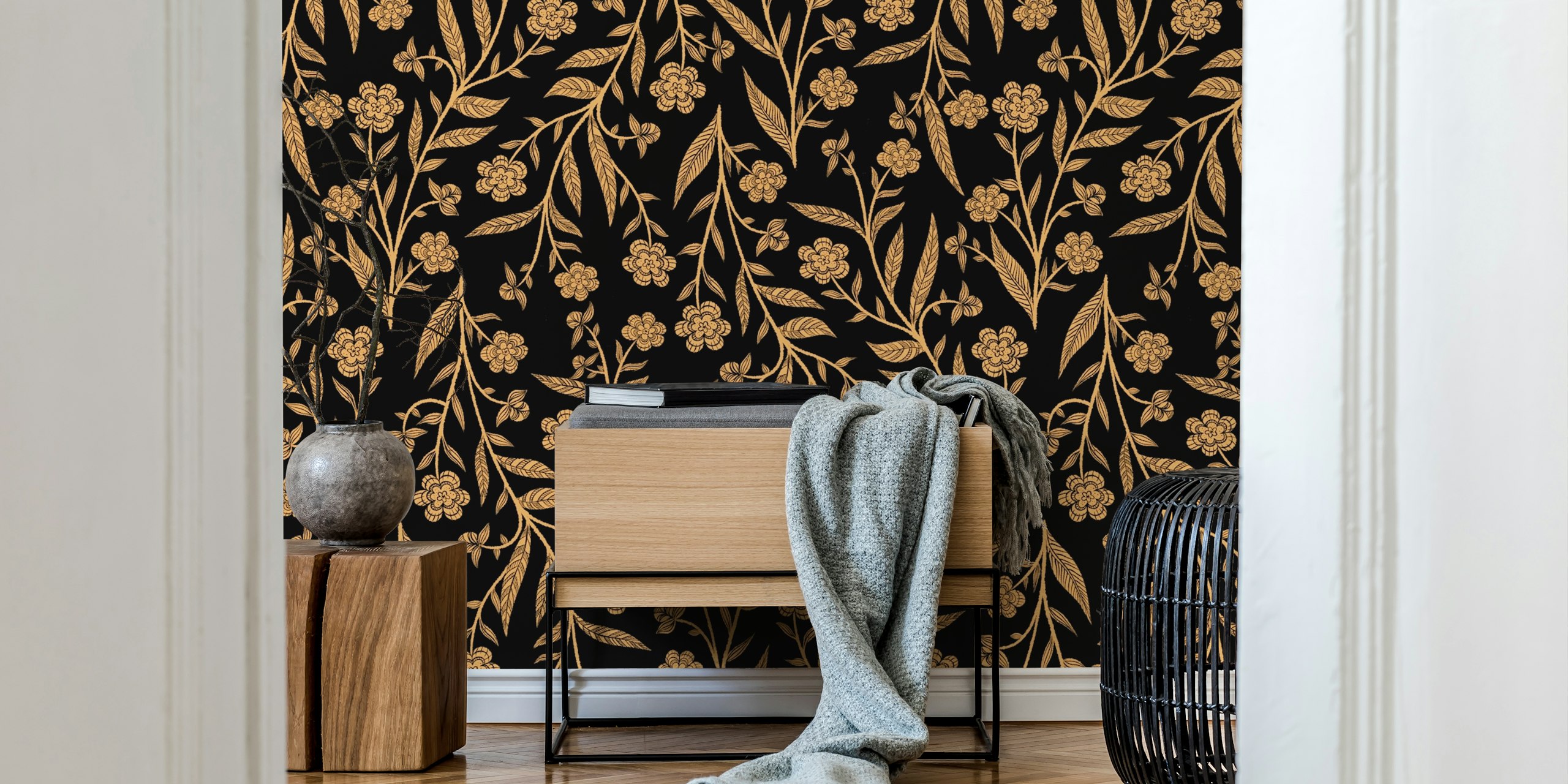Gold floral doodle wallpaper on black backdrop