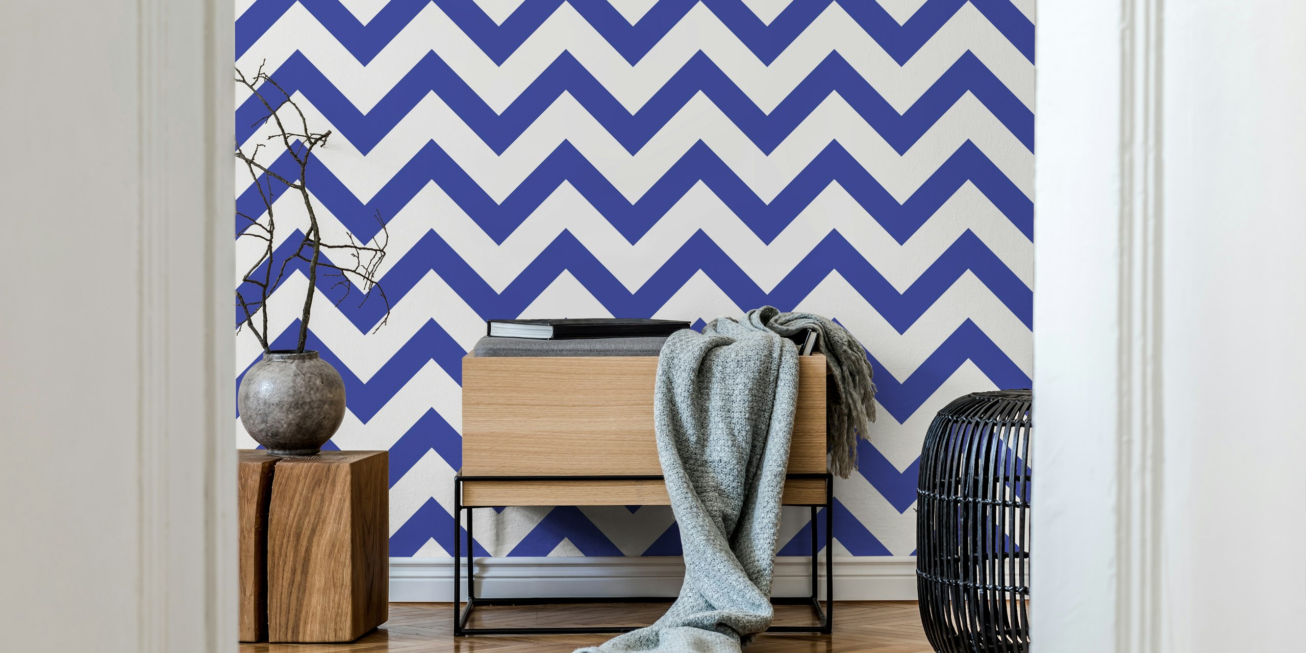 Chevron blue and white wallpaper in a room