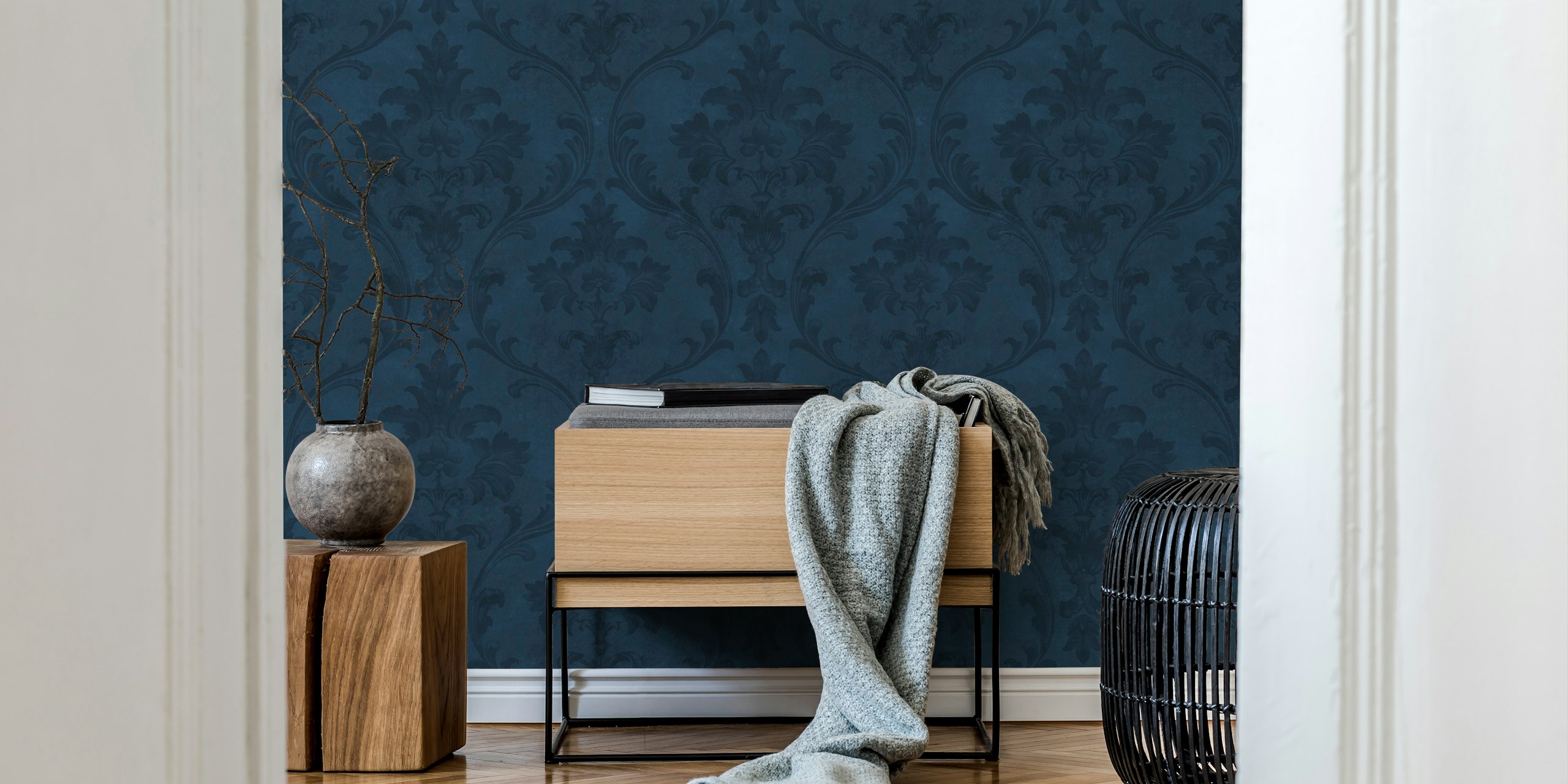 Faded Elegance Regency Damask Navy Blue wallpaper in a room