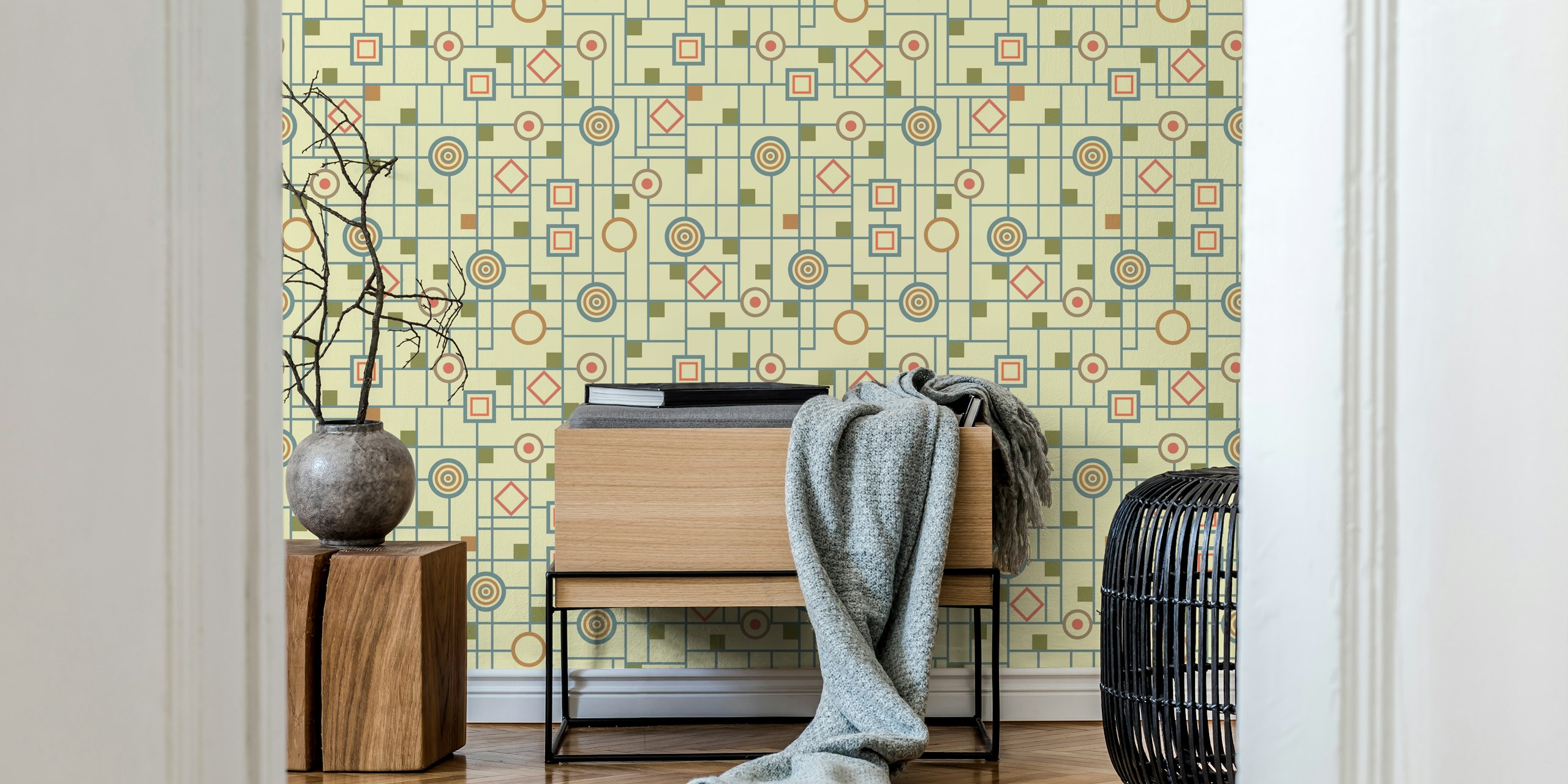 Geometric shapes in cream, blue, and earthy tones art deco wallpaper