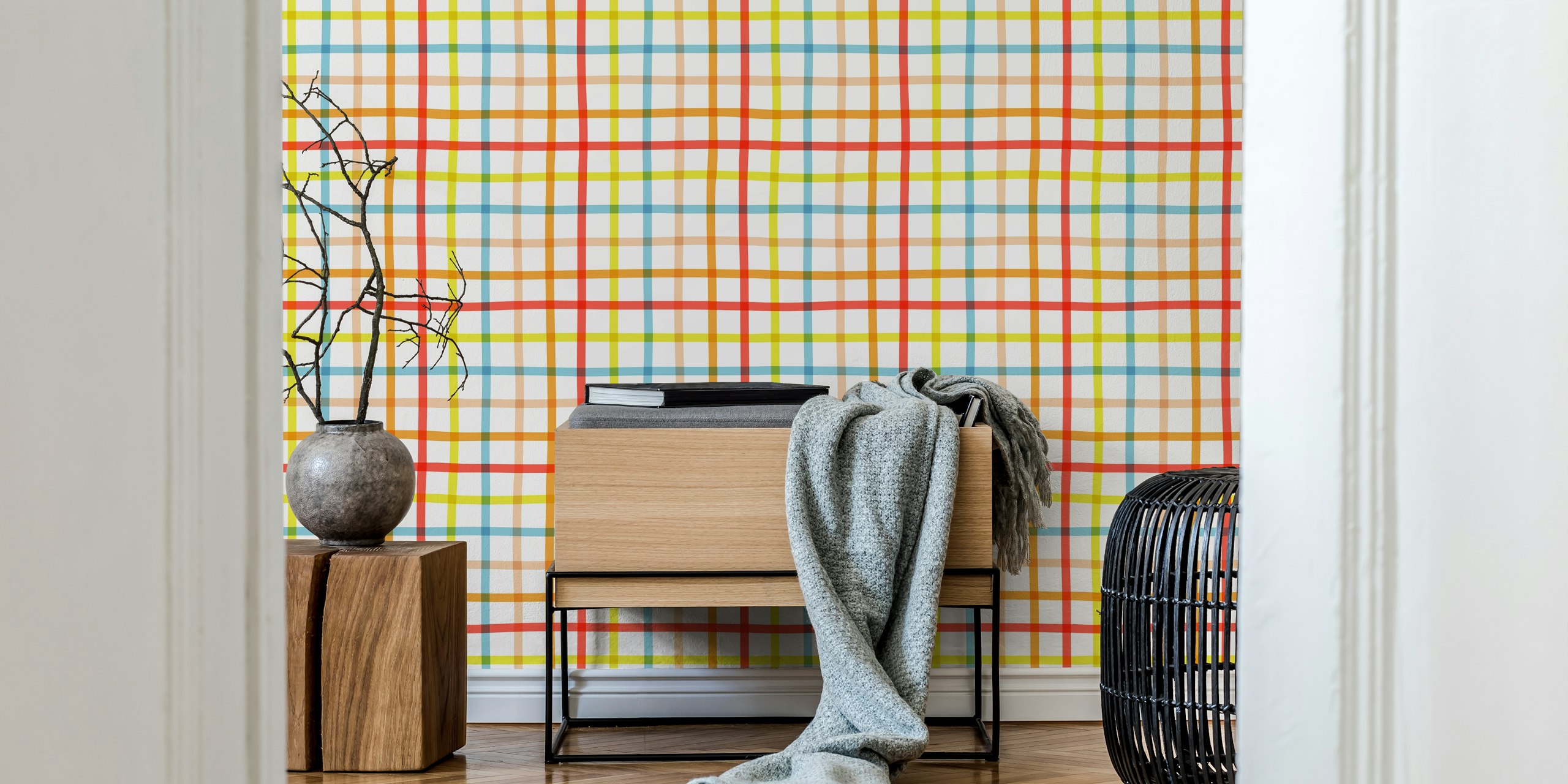 Colorful gingham pattern wallpaper with red, blue, yellow lines on white background