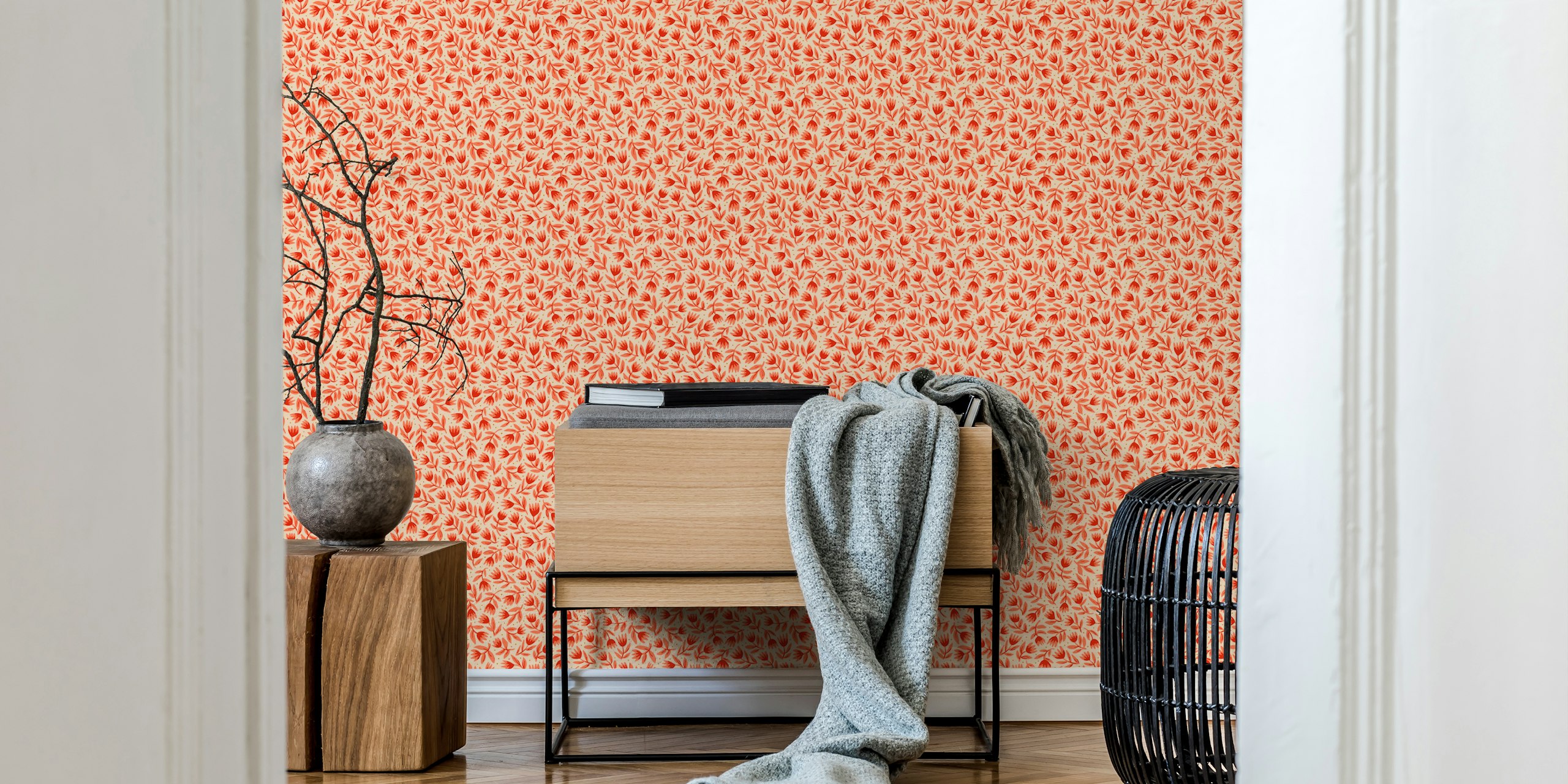 Red and pink tulip floral pattern on vanilla wallpaper