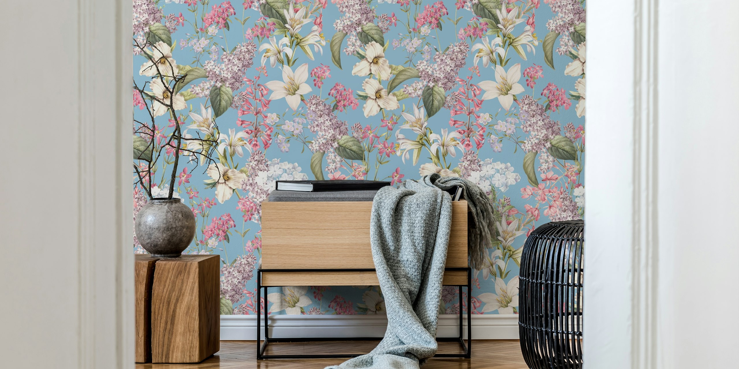 Purple lilacs and white lilies on a blue background wallpaper