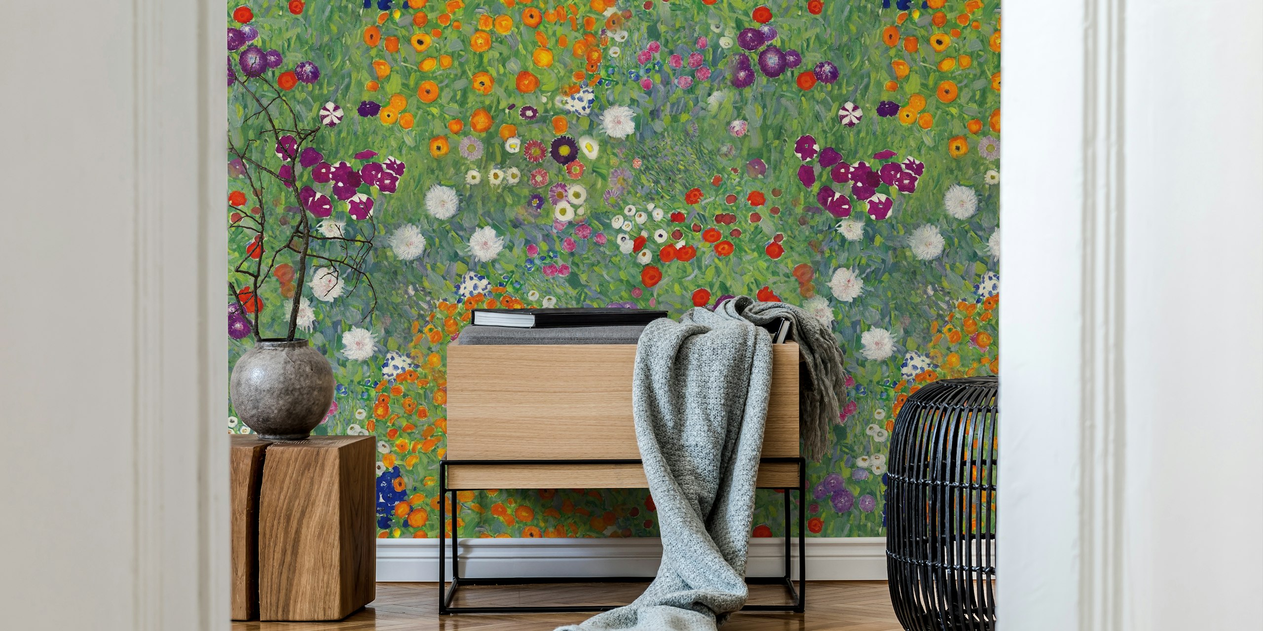 Flower garden pattern with colorful blooms on green background wallpaper