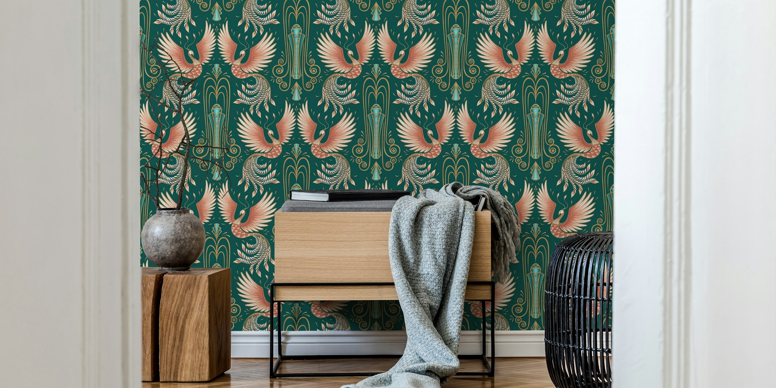 Design de papel de parede Phoenix em um quarto