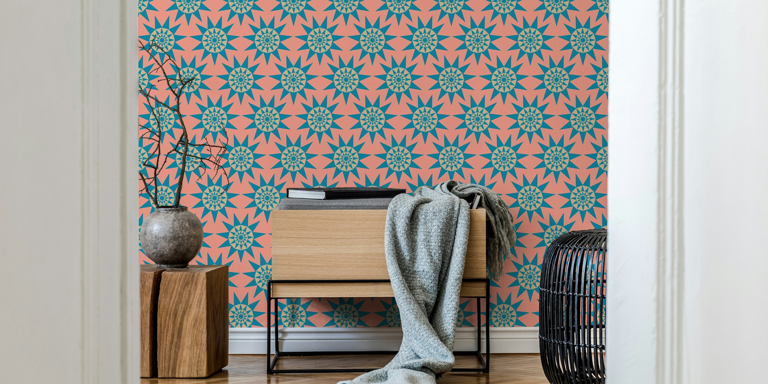 Retro geometric sun star wallpaper in a room