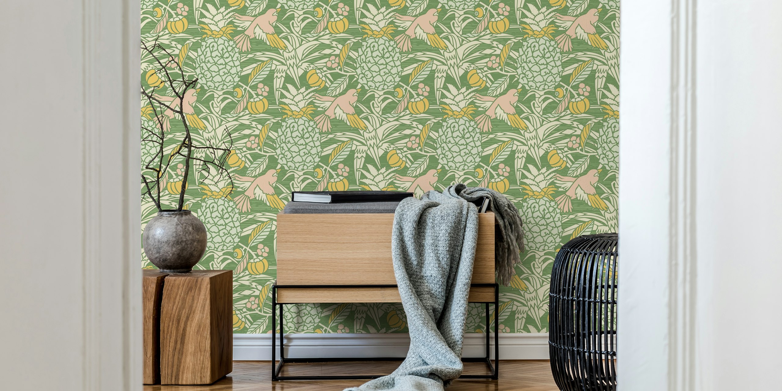 Tropical pineapple and bird motif in green, pink, and yellow wallpaper
