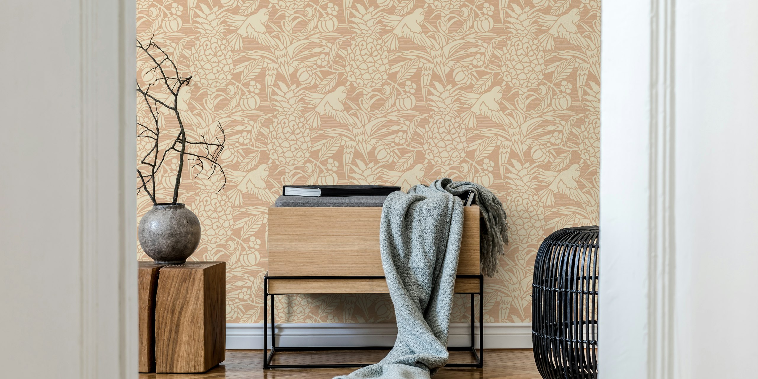 Tropical floral design with pineapples and birds in nude wallpaper
