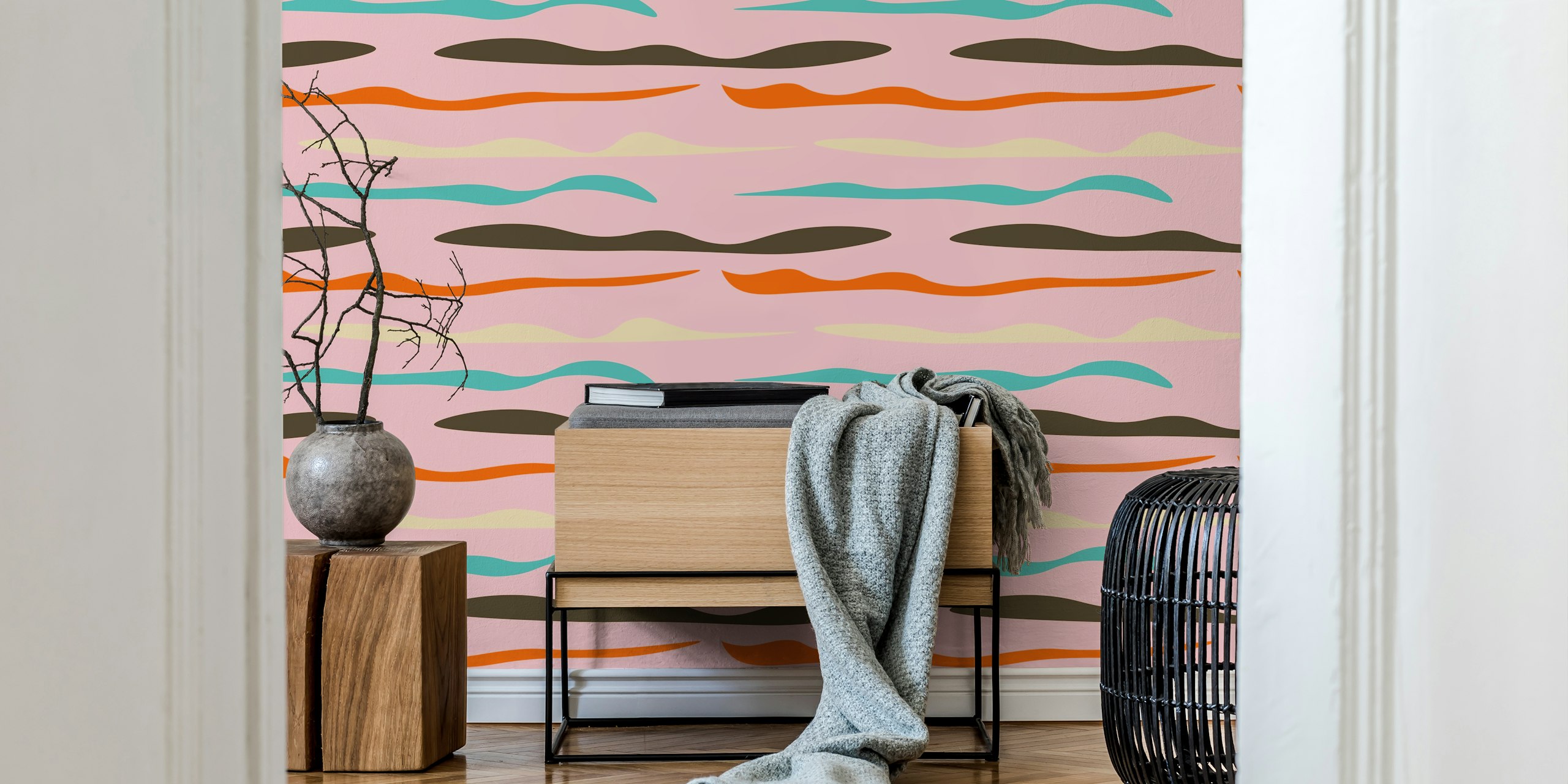 Mid Mod Waves Lines Pink tapetti huoneessa