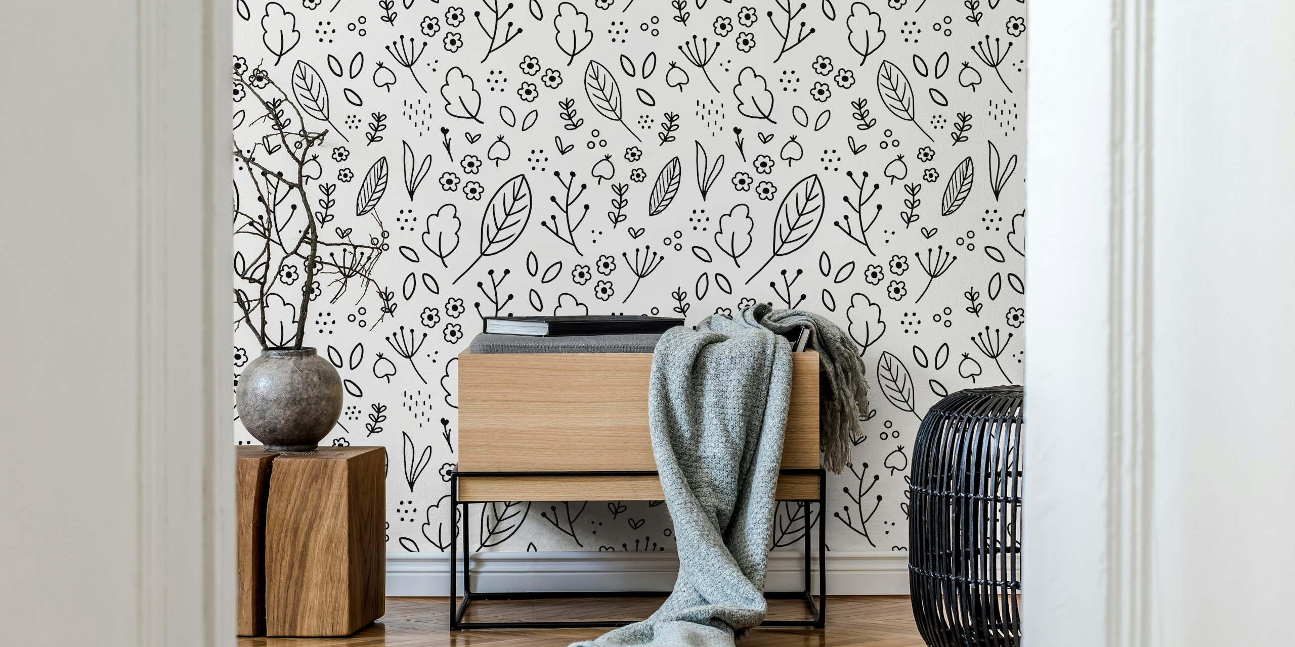 Papel de parede Monochrome leaves em um quarto