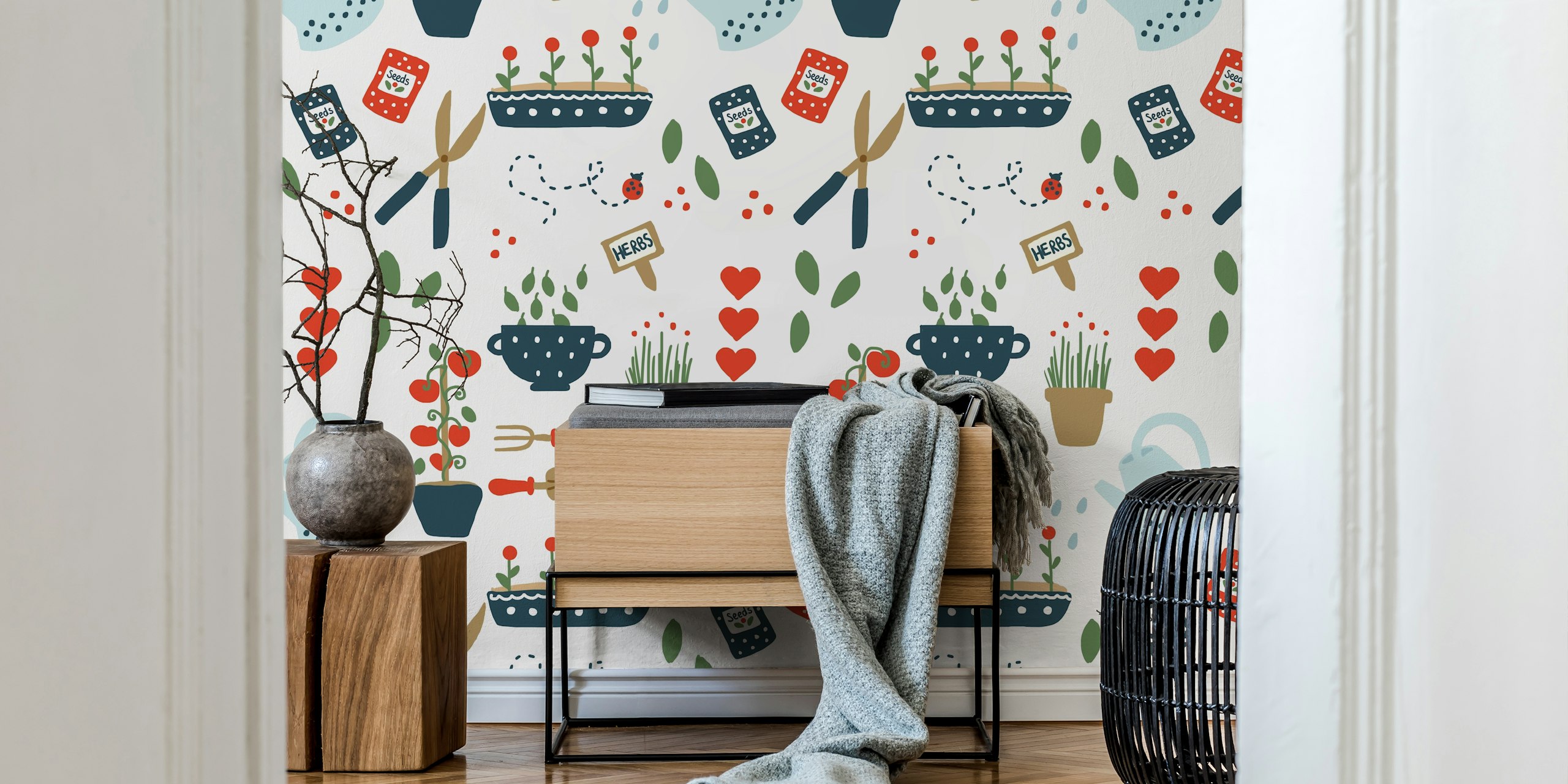 Playful illustration of garden tools, potted herbs, and gardening elements on a wall mural