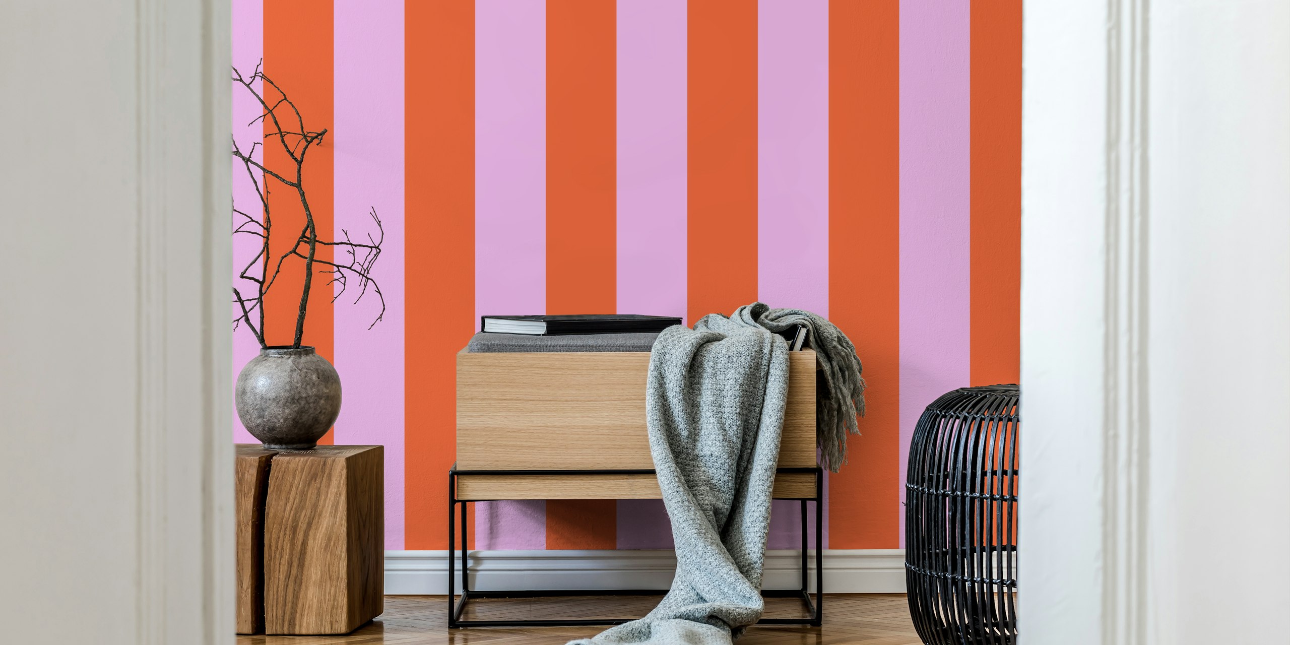 Vintage pink and lavender striped wallpaper in a room