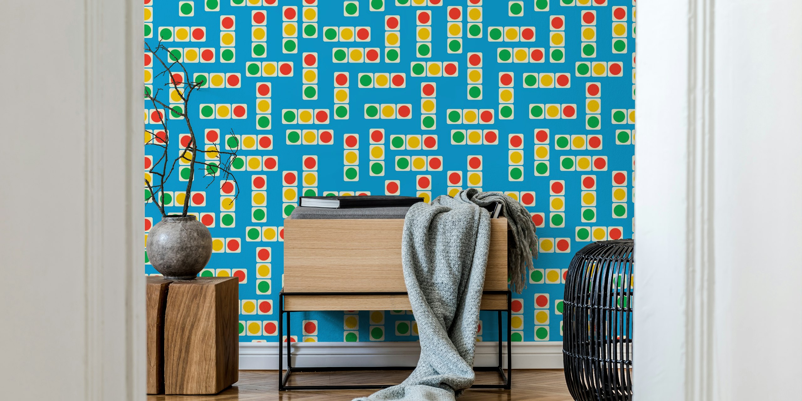 Geometric traffic light pattern in red, yellow, green on blue wallpaper