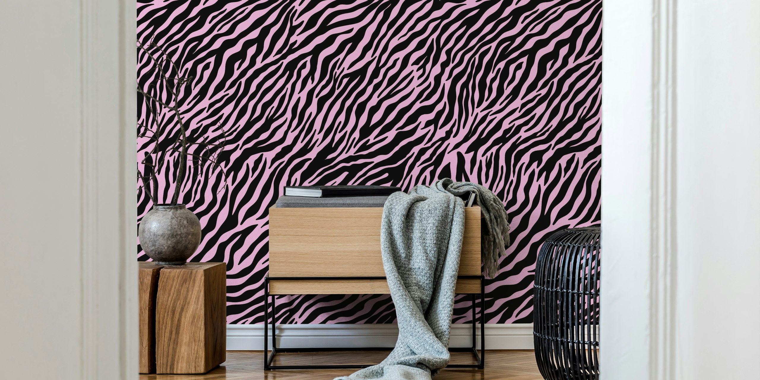 Zebra stripe wallpaper in blue on display