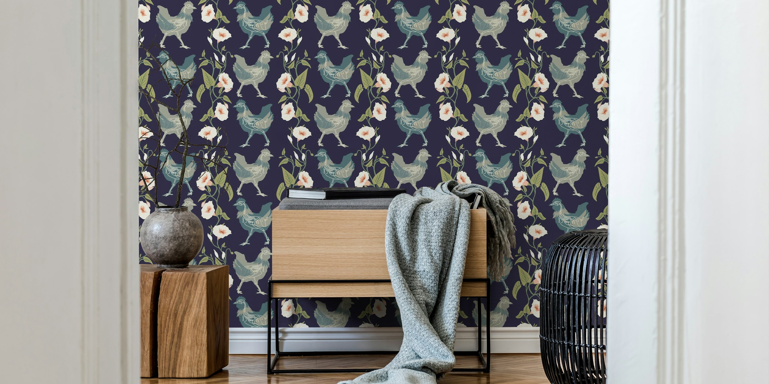 Gothic cottage chicken dark blue wallpaper with floral accents