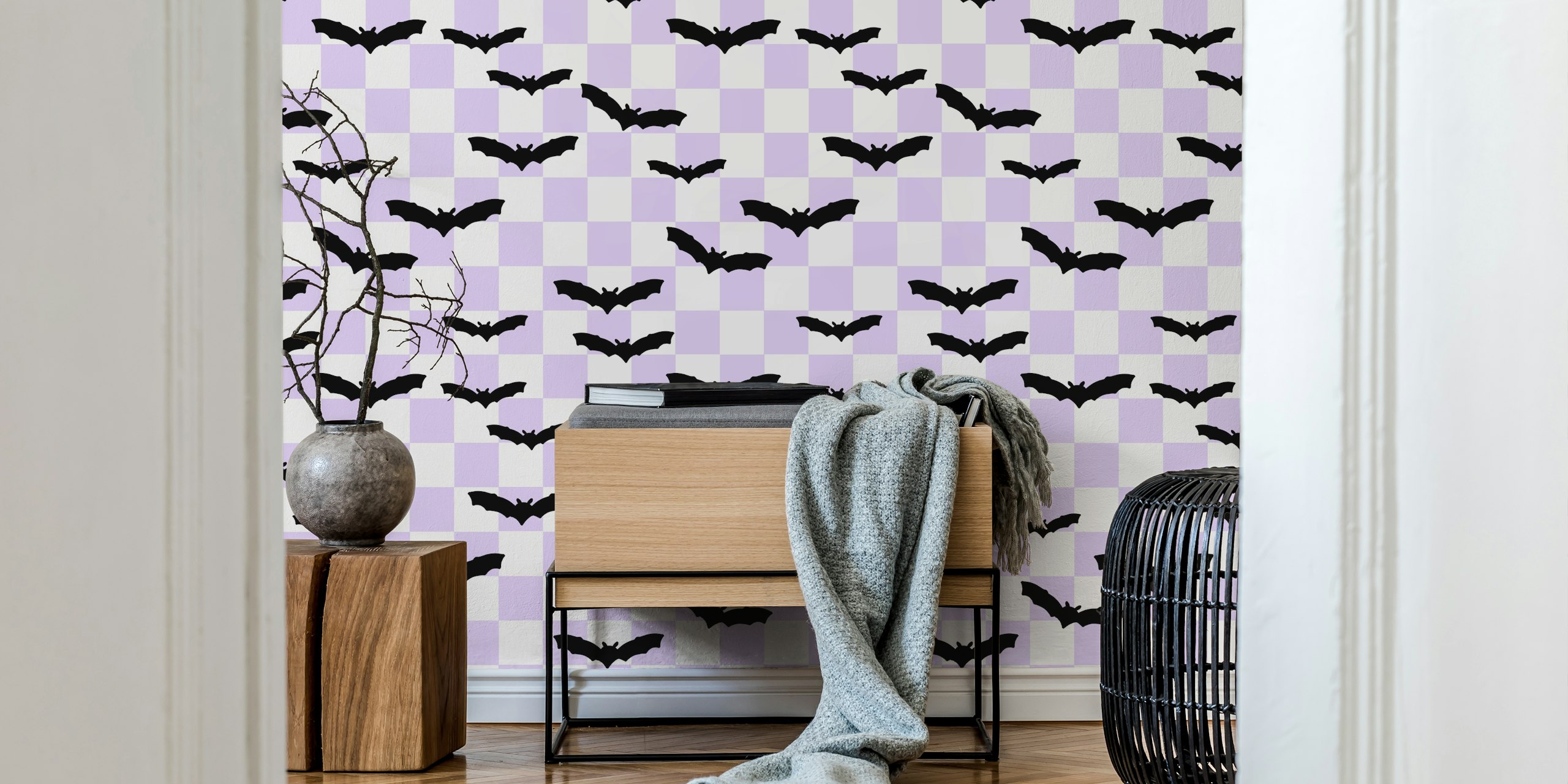 Black bats on purple and white checkerboard wallpaper