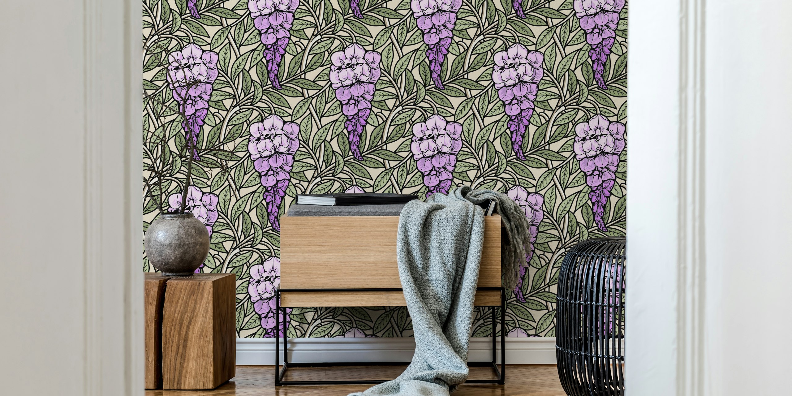 Retro Wisteria Tapete in einem Raum