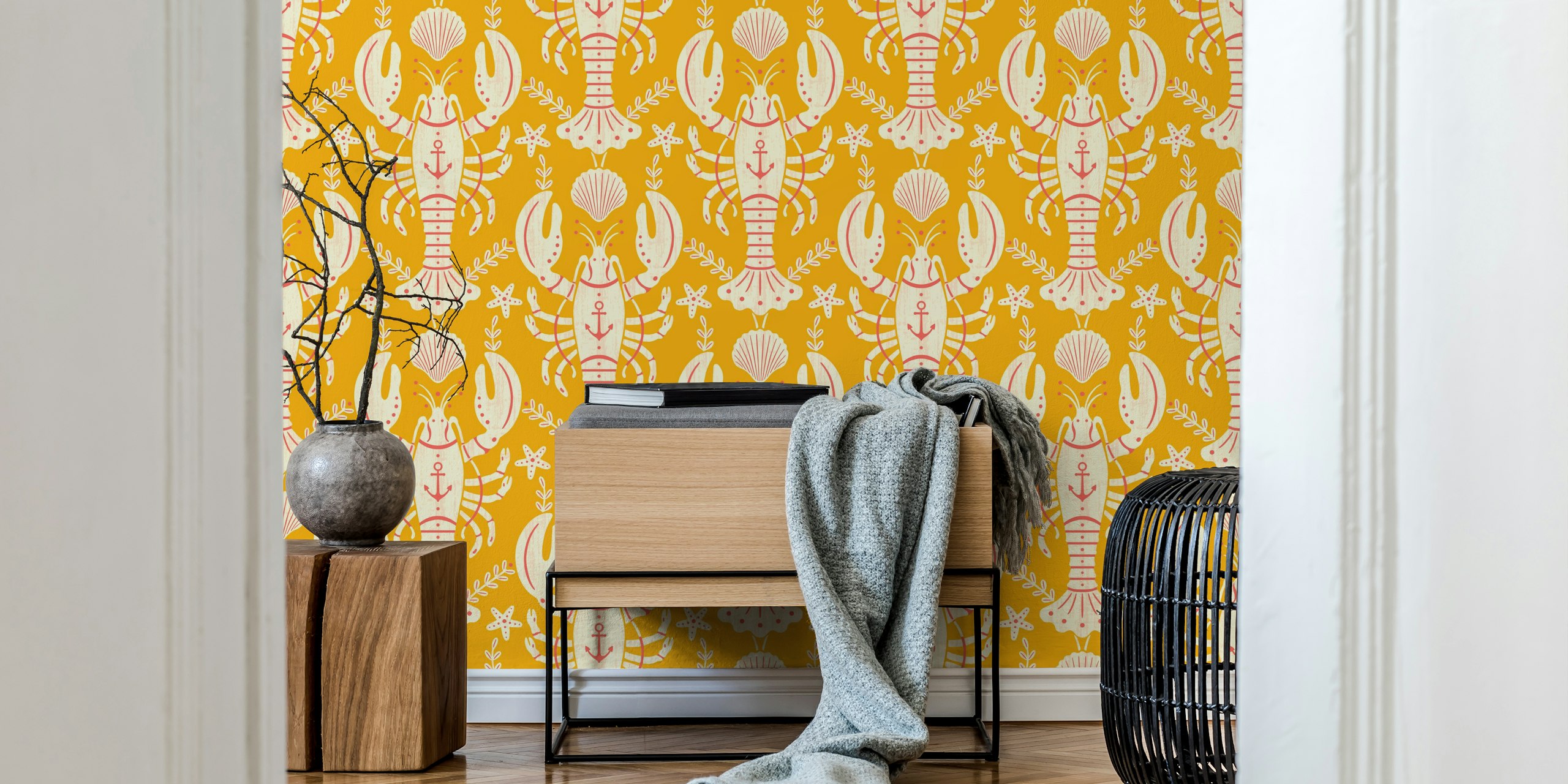 Lobster and anchor pattern in yellow and red wallpaper