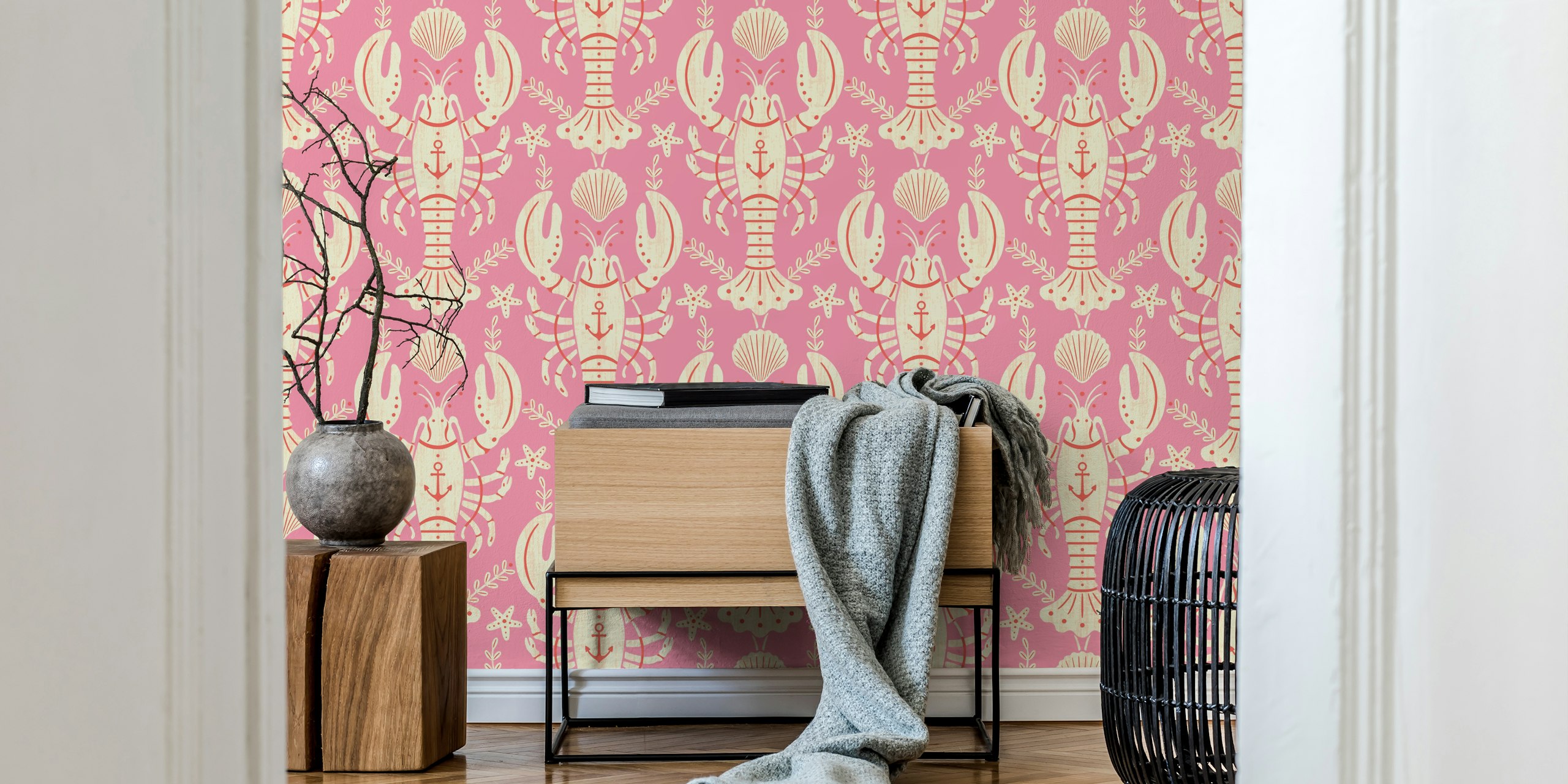 Pink lobster and anchor pattern on light pink wallpaper