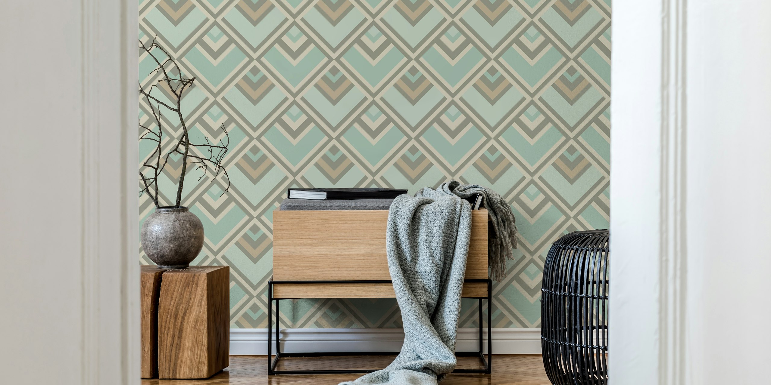 Geometric diamond patterns in pale aqua, beige, and gray wallpaper