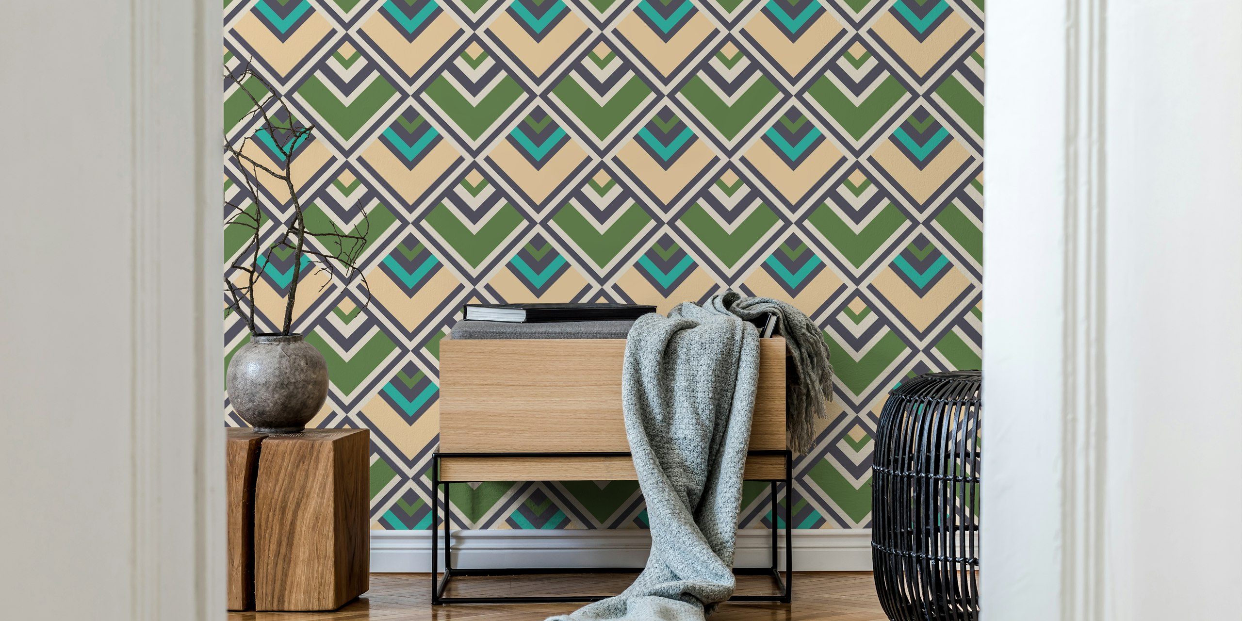 Retro diamond graphic wallpaper i ett rum