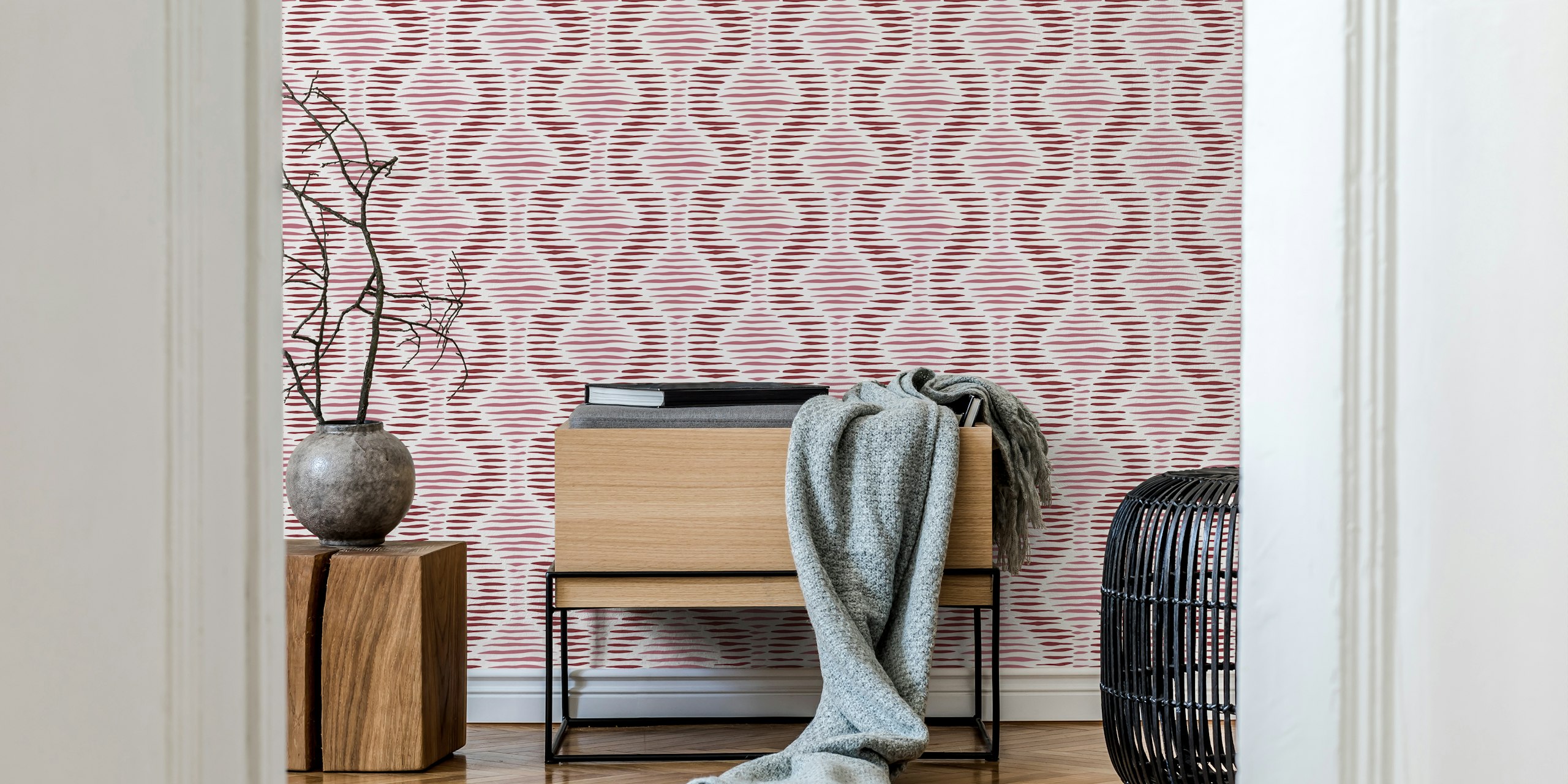 Boho ogee stripes mauve wallpaper displayed in a room