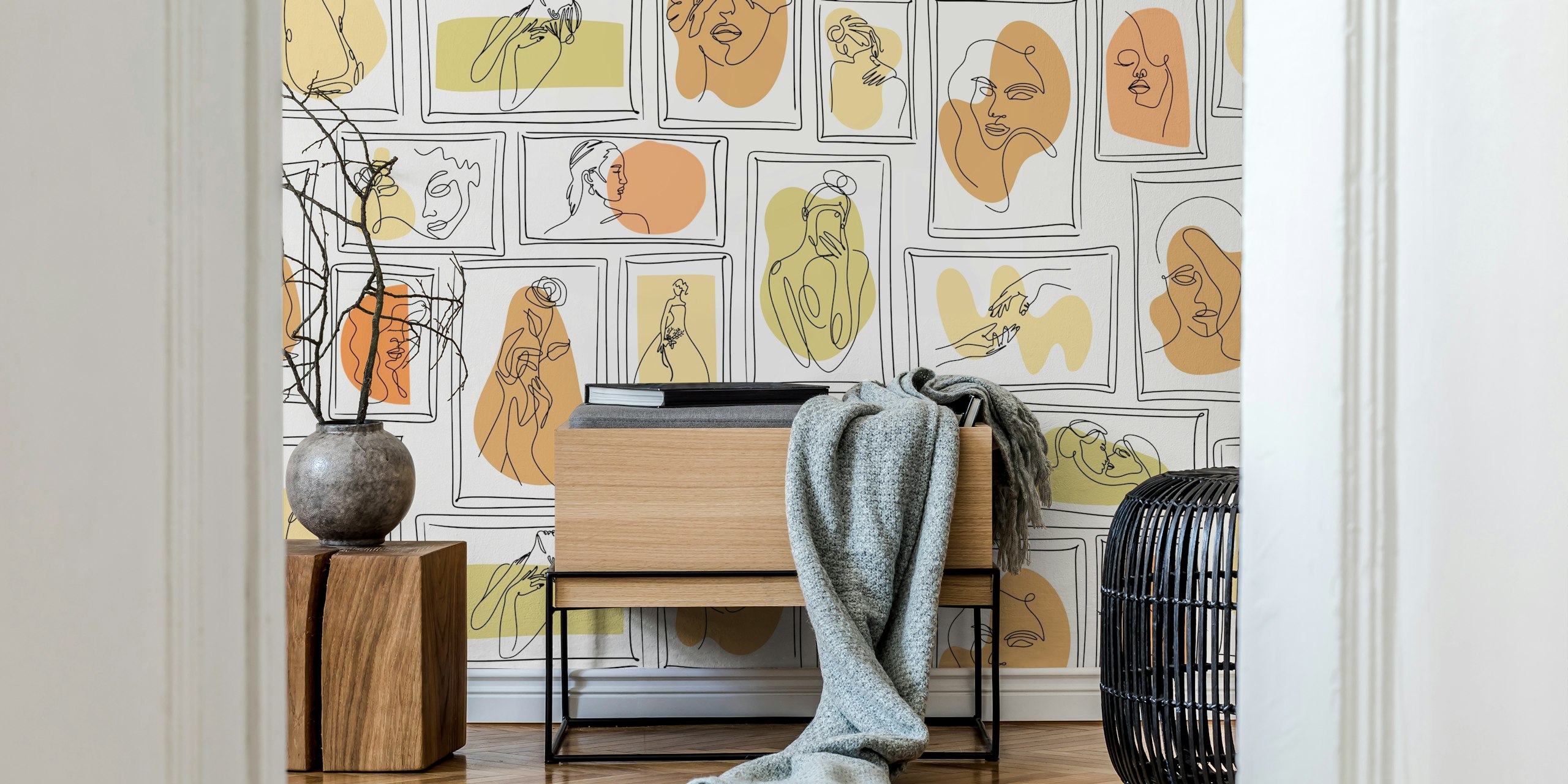 Line art of faces in frames on white background wallpaper