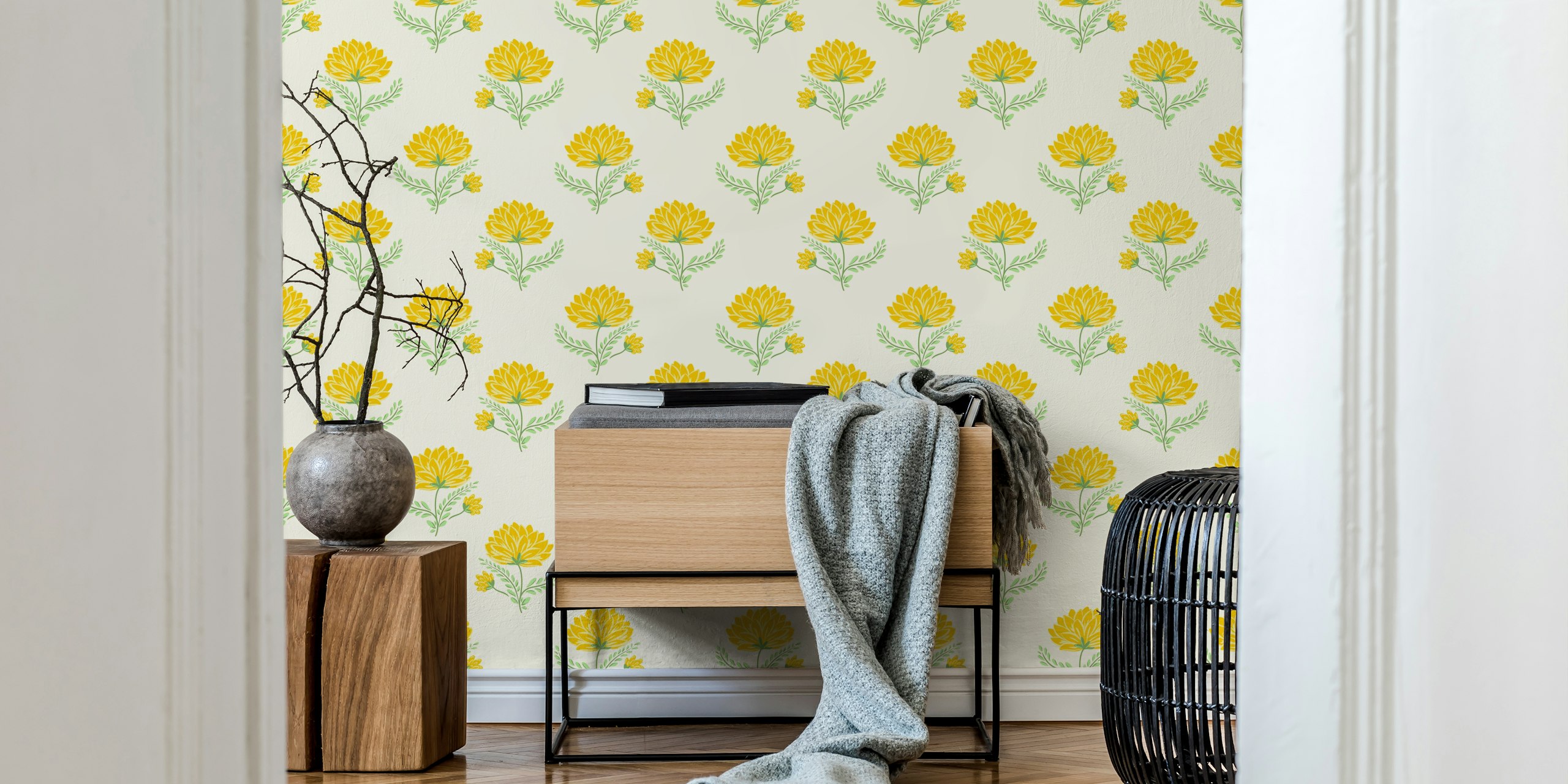 Yellow marigold flowers with green leaves on cream background wallpaper