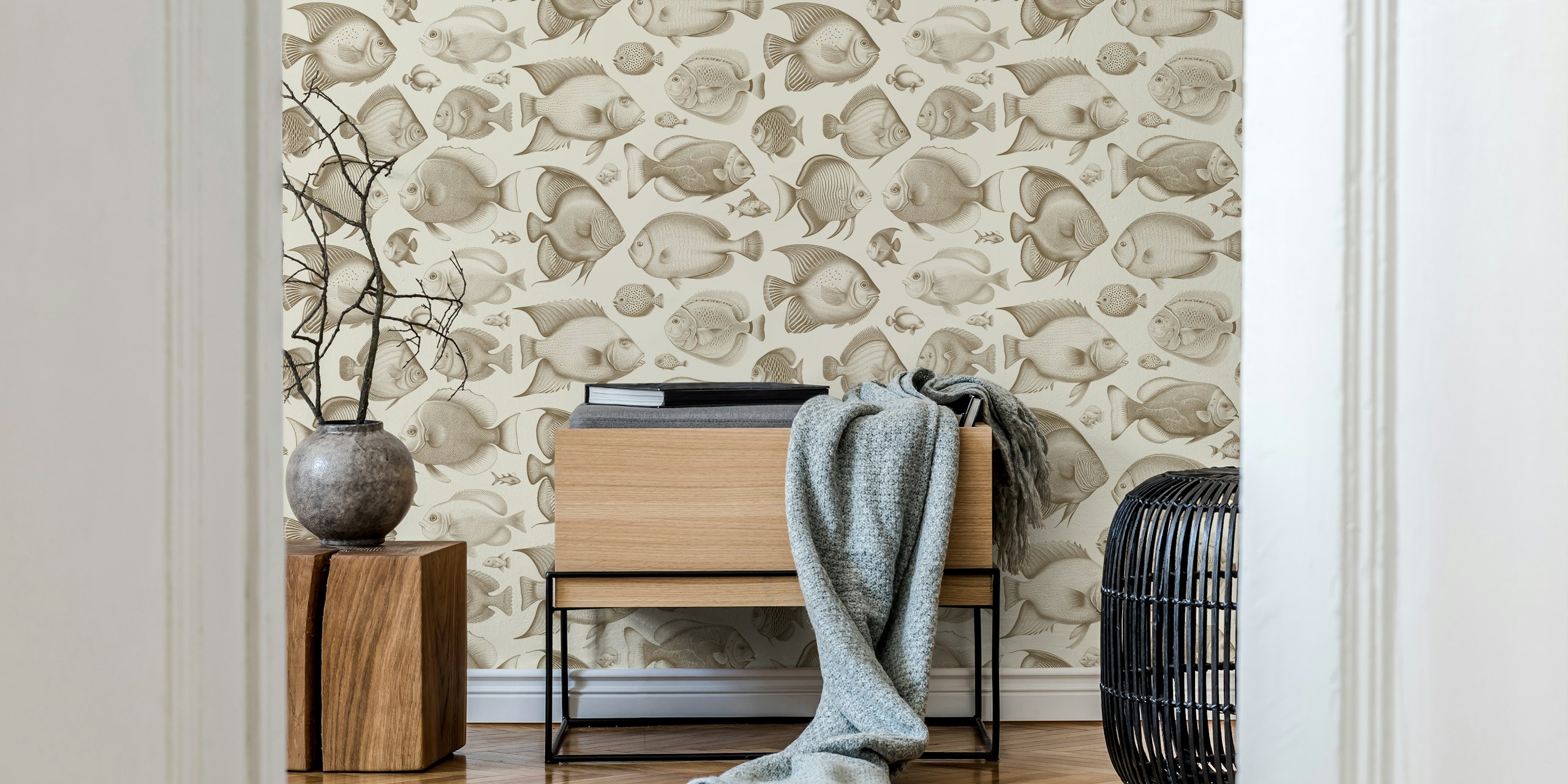 Vintage fish patterns in light browns and creams wallpaper