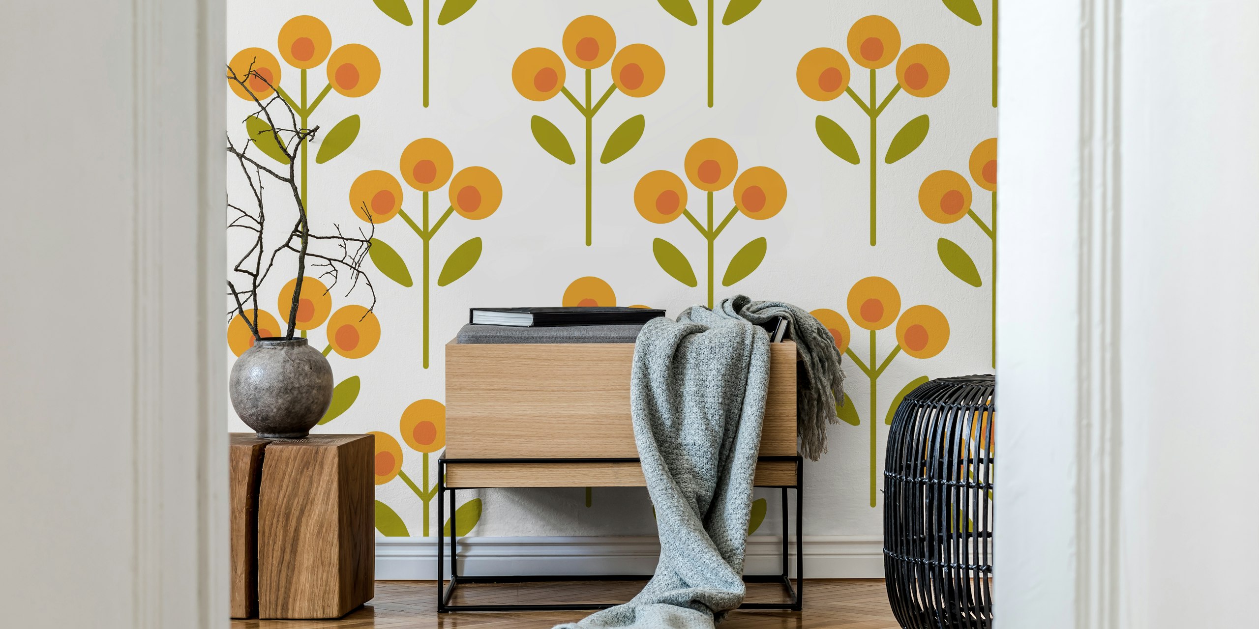 Colorful yellow floral pattern with green leaves wallpaper