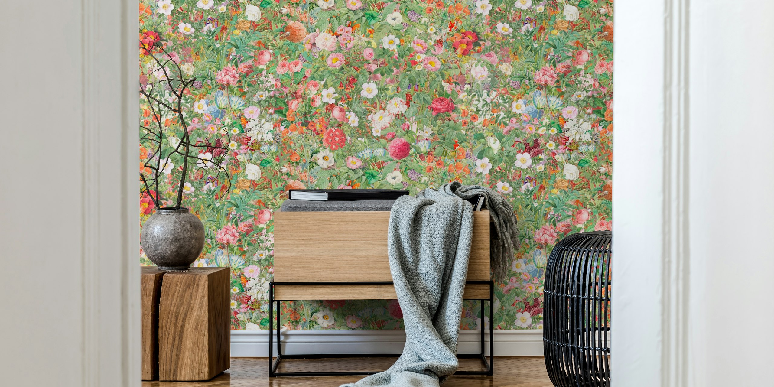 Colorful floral pattern with numerous flowers and greenery wallpaper