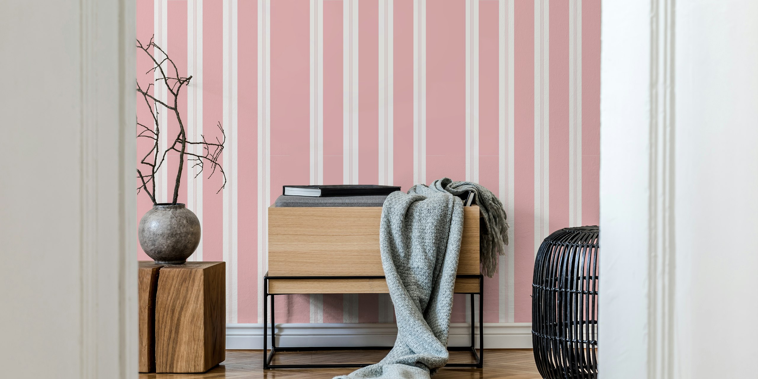 Blush white stripes wallpaper in a room