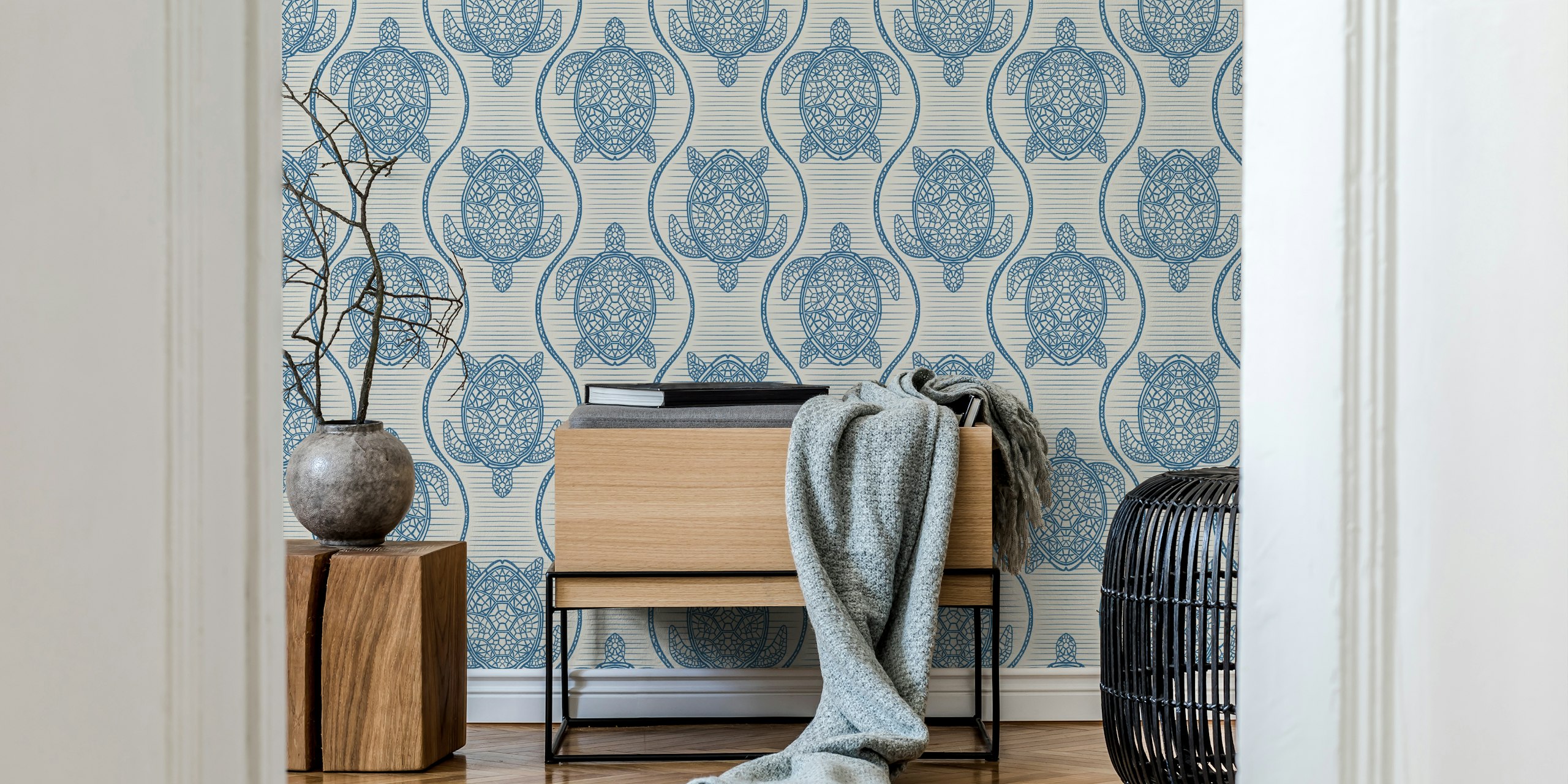 papel de parede Blue Turtles Ogee Coastal Boho no quarto
