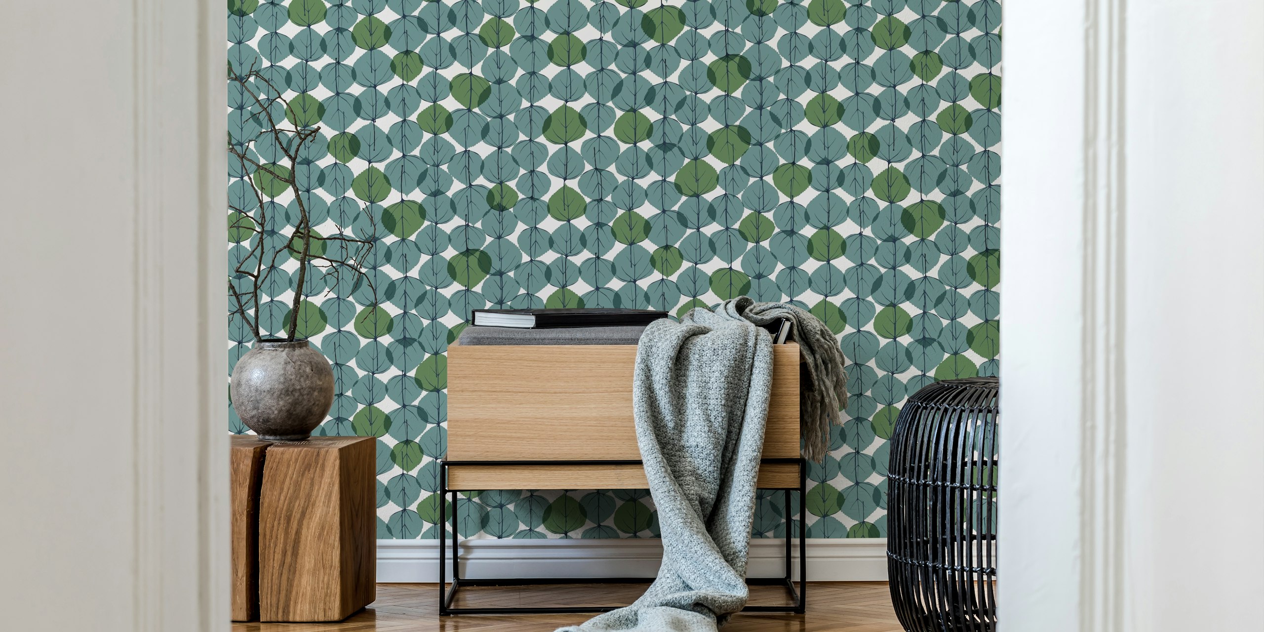 Cottonwood leaves pattern in shades of blue and green wallpaper
