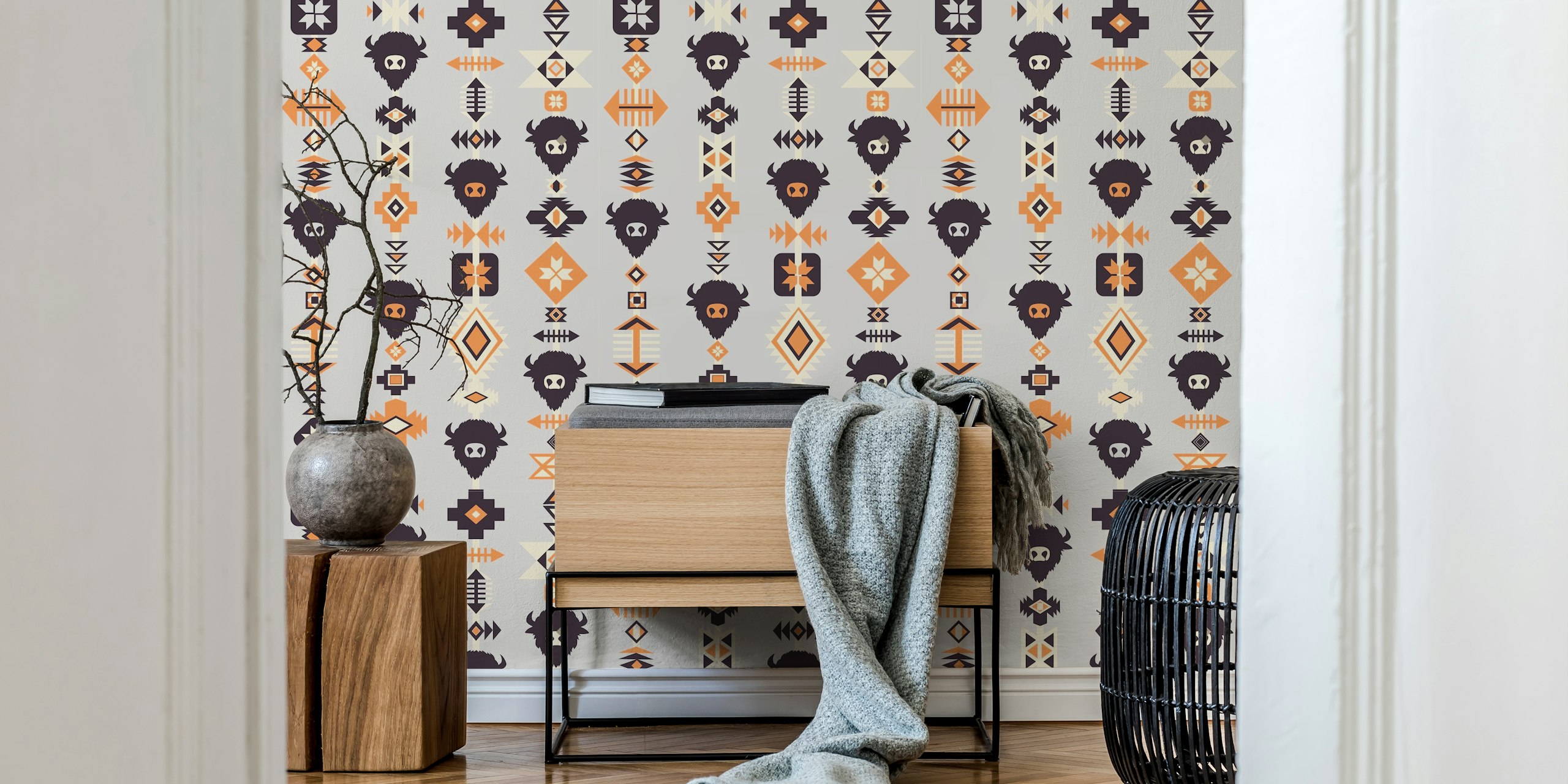 Buffalo and Aztec pattern in grey and orange wallpaper