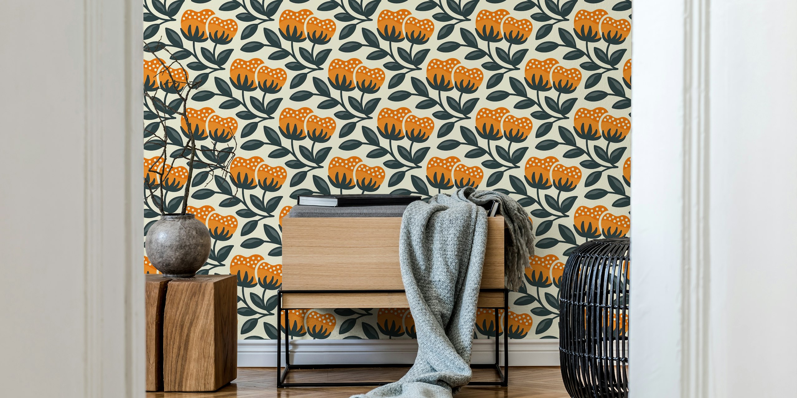 Hand drawn wildflowers pattern tapet i et rom
