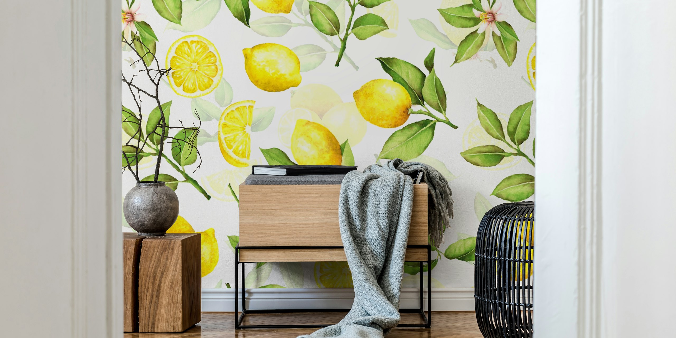 Yellow lemons and green leaves pattern wallpaper