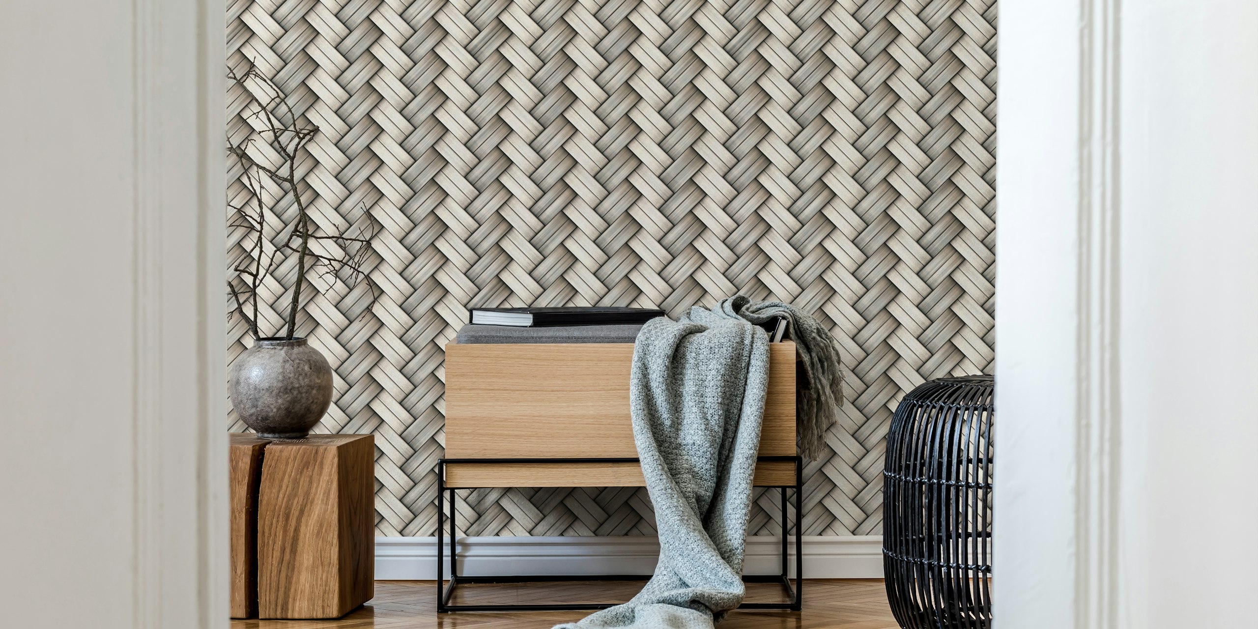 Papel de parede Silver Carbon Fiber Texture em um quarto