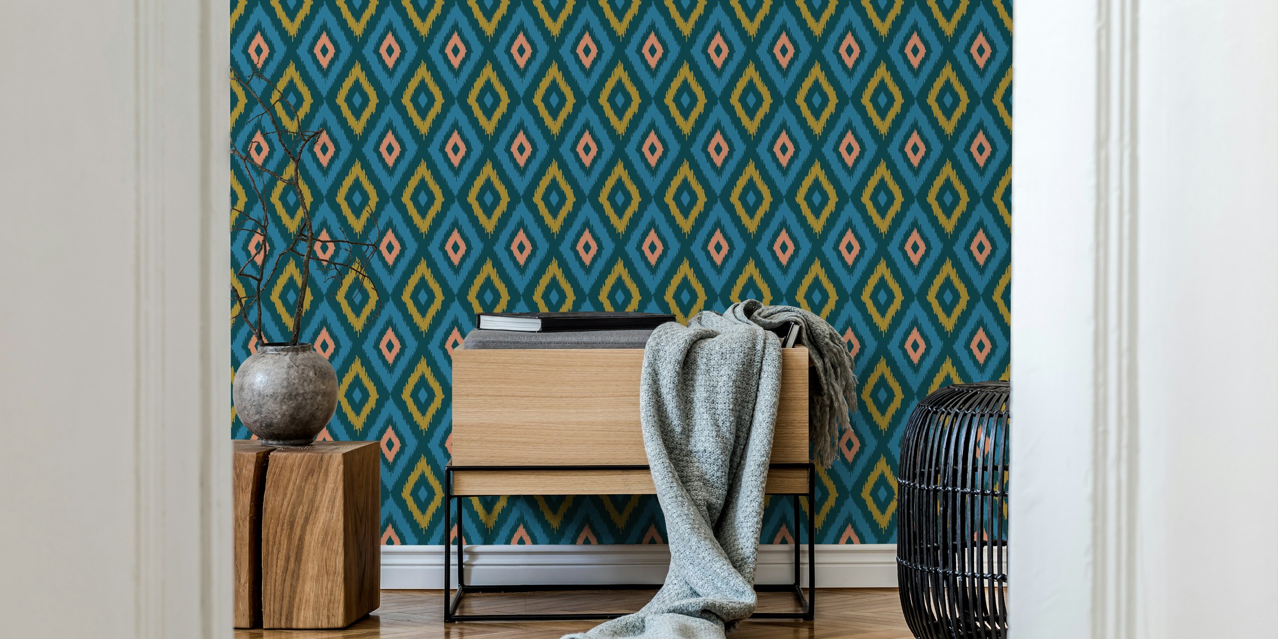 Diamond Ikat Boho Woven Exotic Blue Teal ταπετσαρία