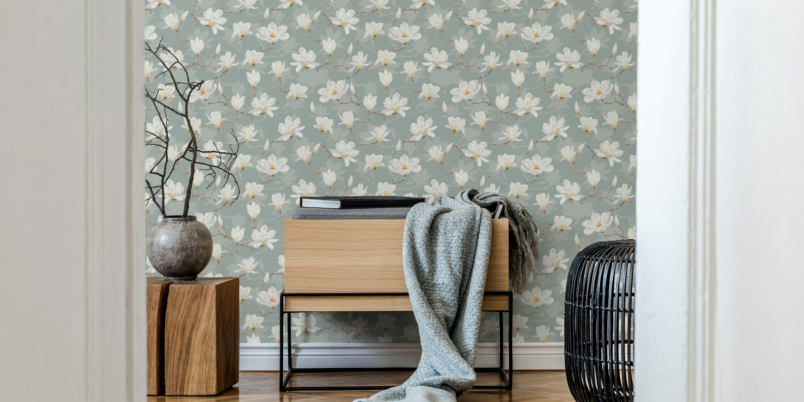 Vintage Magnolia Cascade wallpaper in a room