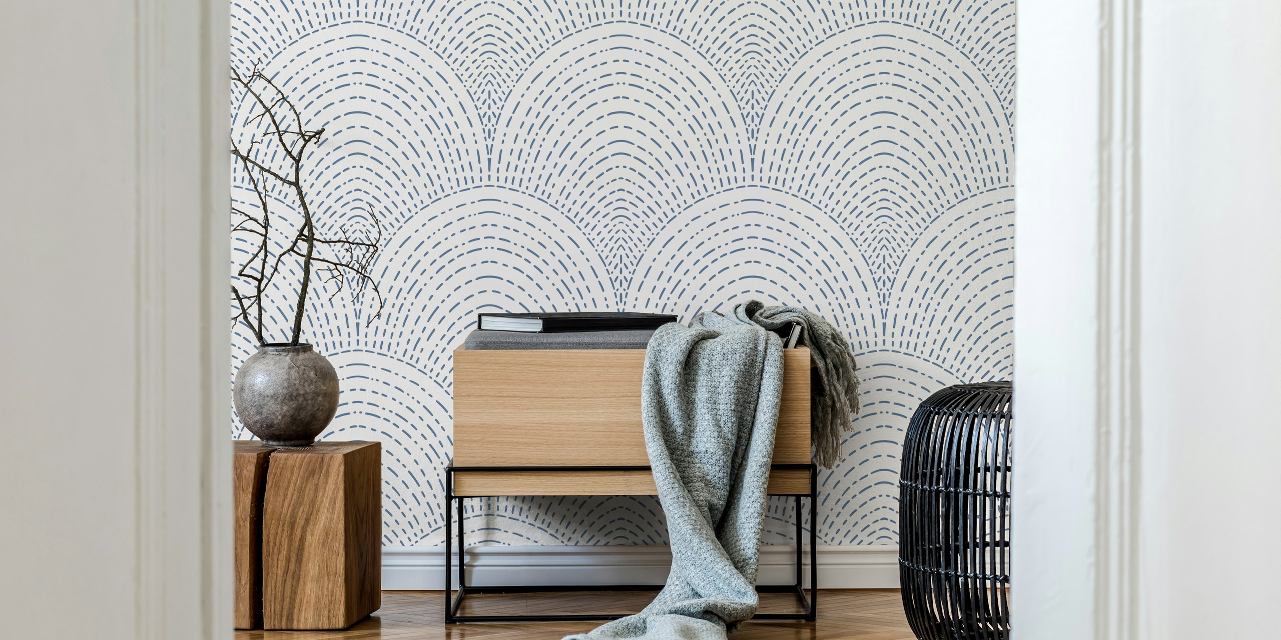 Navy blue geometric arches on a white background wallpaper