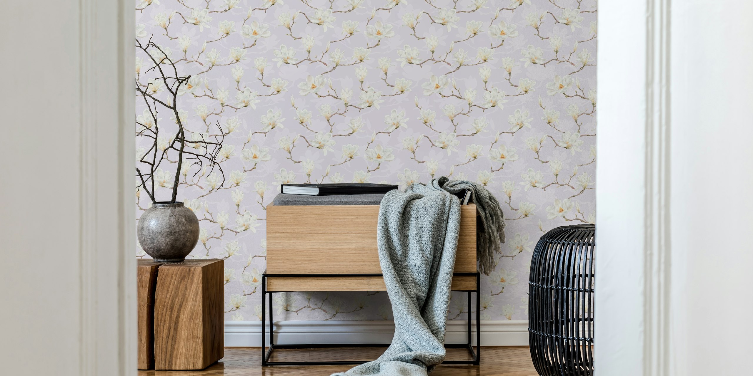 White magnolia flowers on lavender background wallpaper