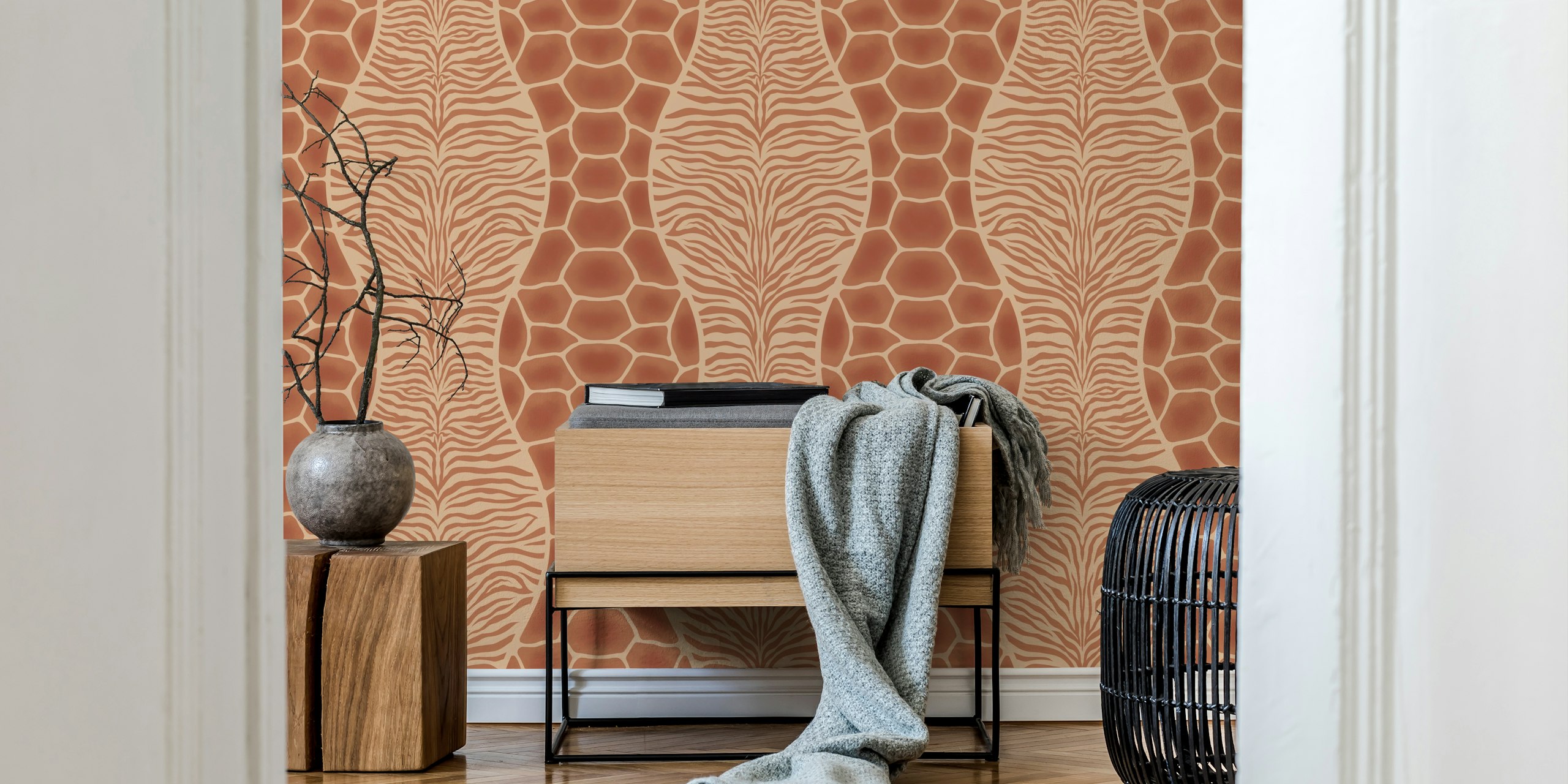 Papier peint mural imprimé girafe zèbre aux tons chauds