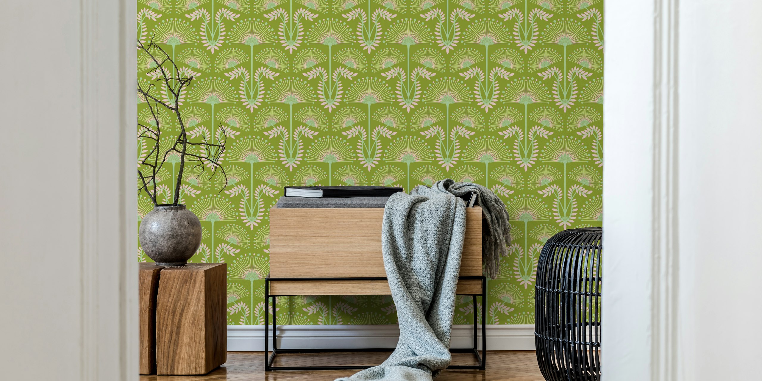 Floral pattern with green and pink colors in Art Deco style wallpaper