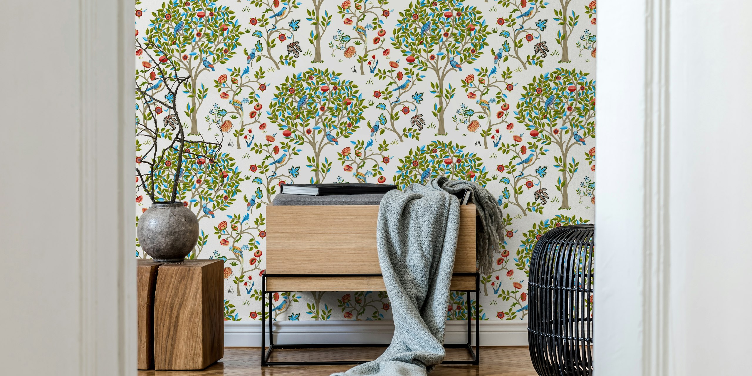 Victorian-style tree and bird patterned wall mural with blue, red, and green accents