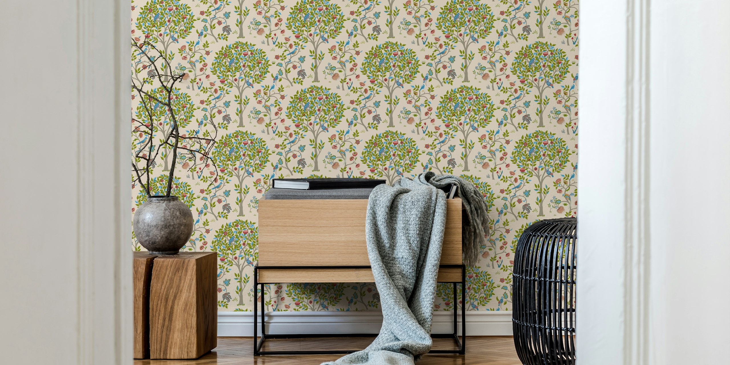 Floral tree pattern with colorful leaves and birds wallpaper
