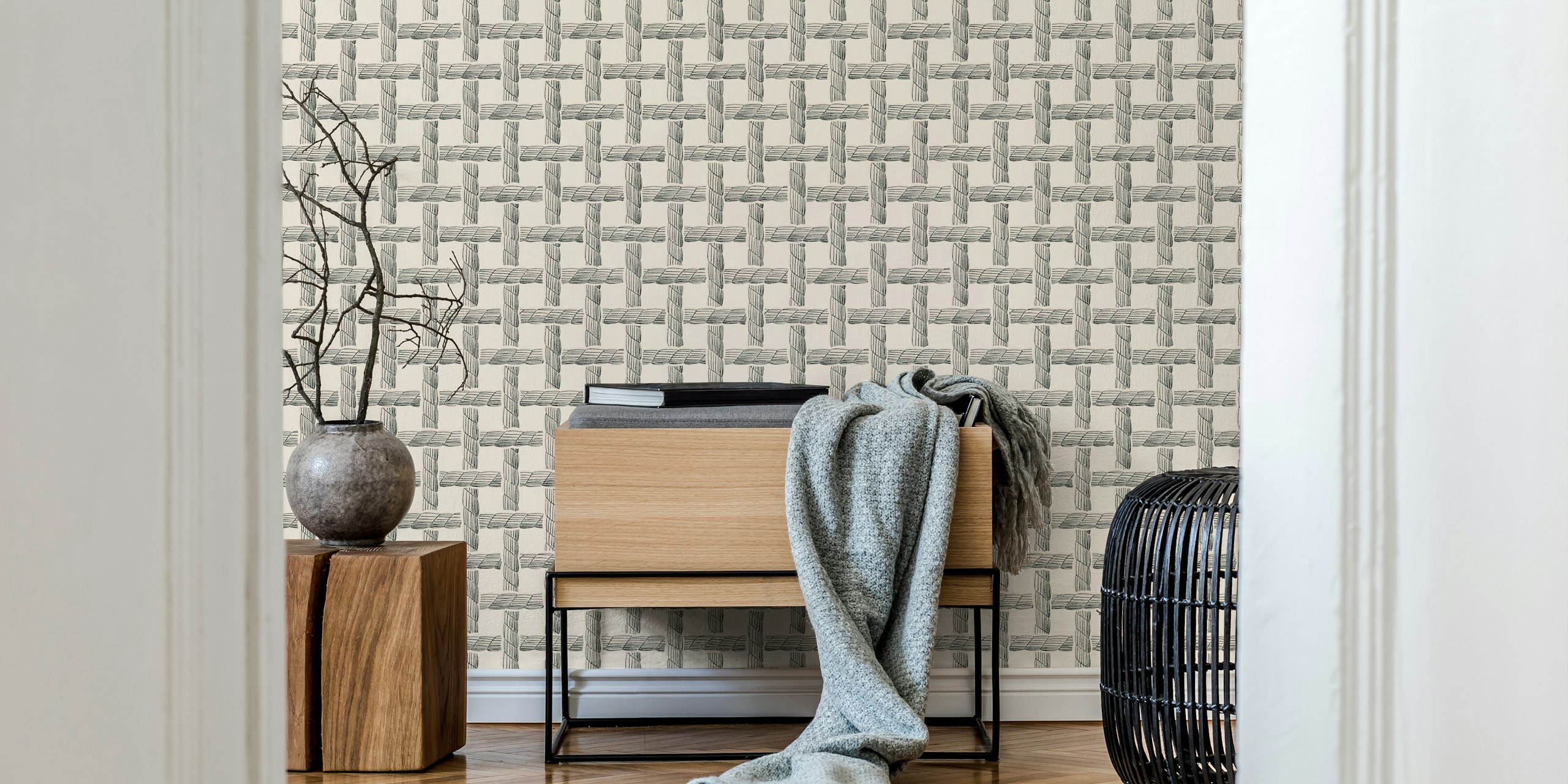 Black and white woven rope pattern wallpaper