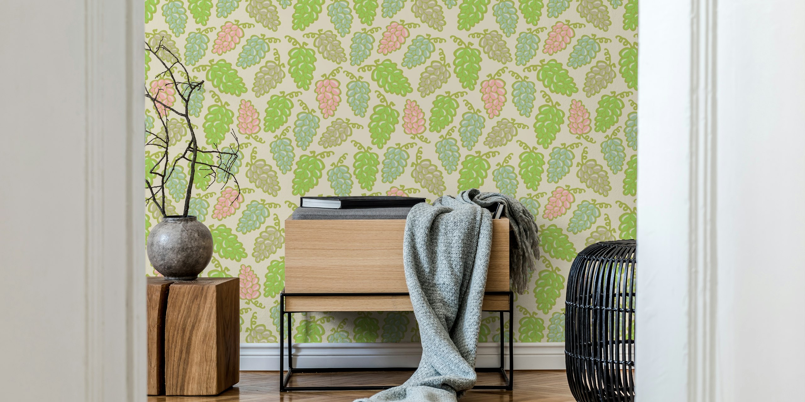 Colorful grapes in pastels of green and pink wallpaper