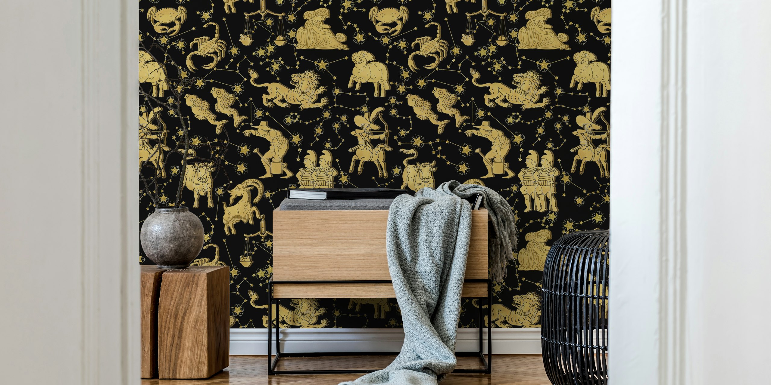 Wall wallpaper featuring zodiac signs and constellations