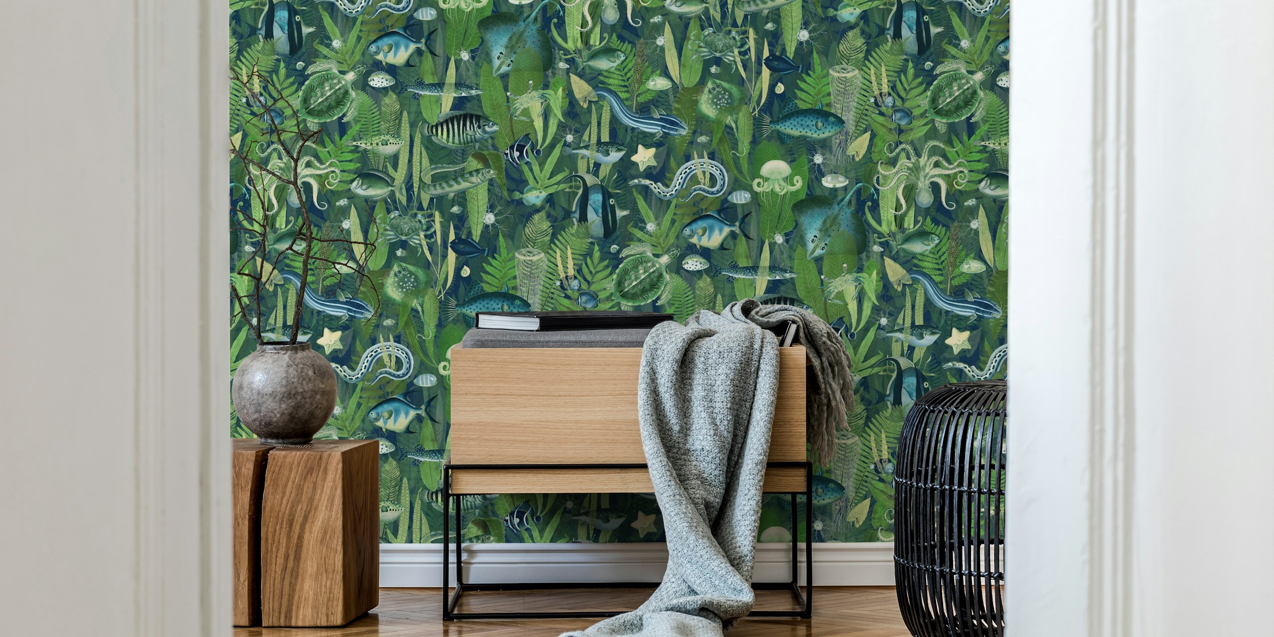 Tropical fish and aquatic plants in green and blue wallpaper